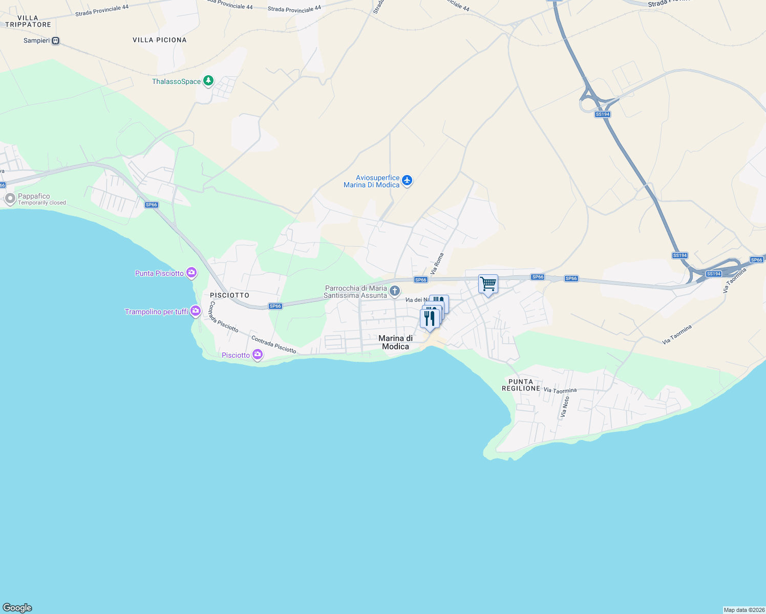 map of restaurants, bars, coffee shops, grocery stores, and more near 721 Via Giombattista Magnaghi in Marina di Modica