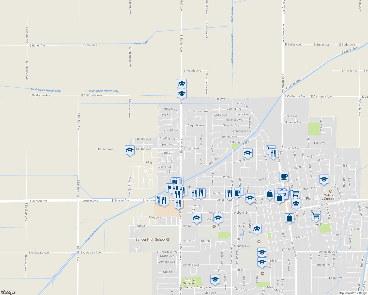 map of restaurants, bars, coffee shops, grocery stores, and more near 187 Santa Monica Avenue in Sanger