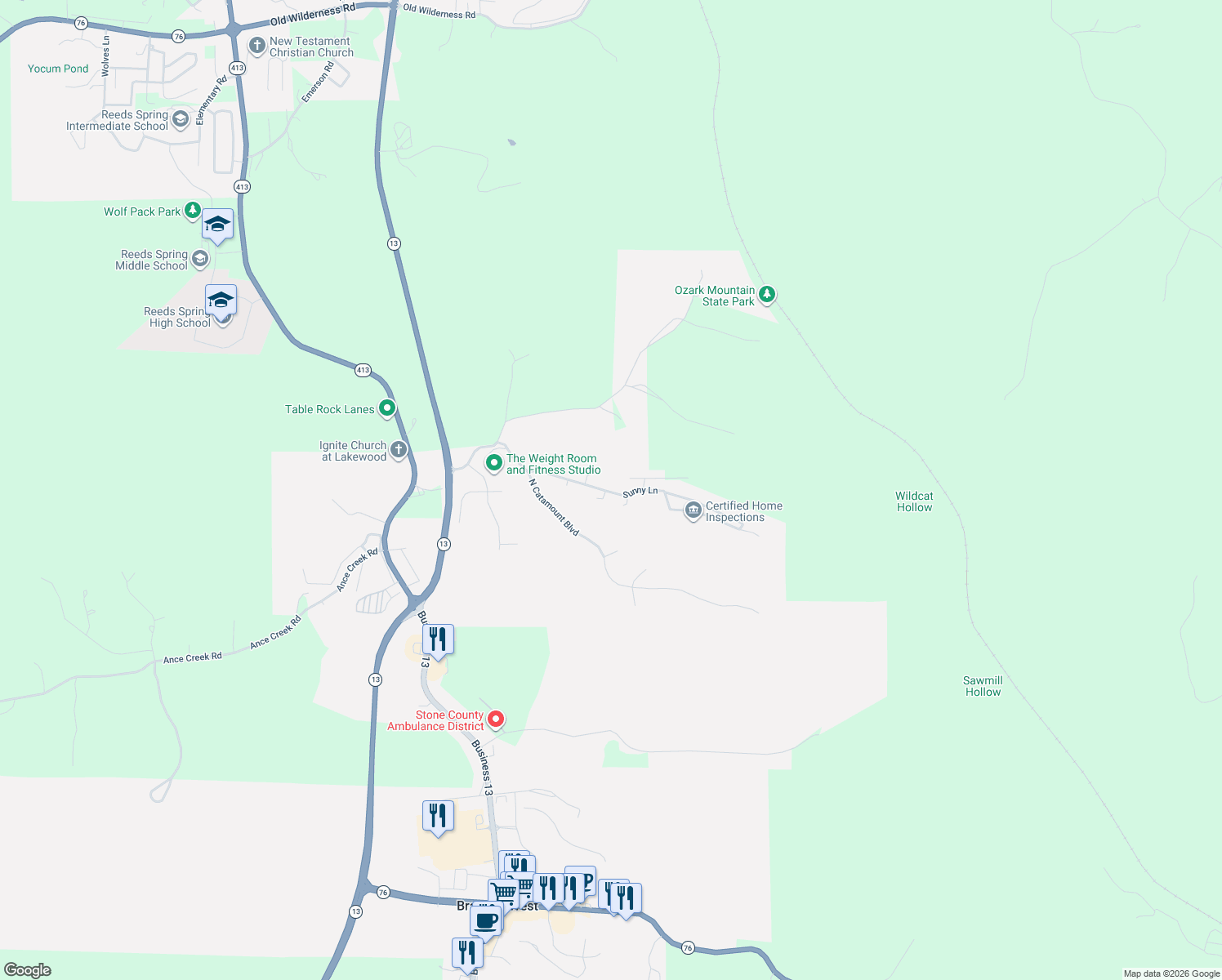 map of restaurants, bars, coffee shops, grocery stores, and more near Flag Street in Branson West