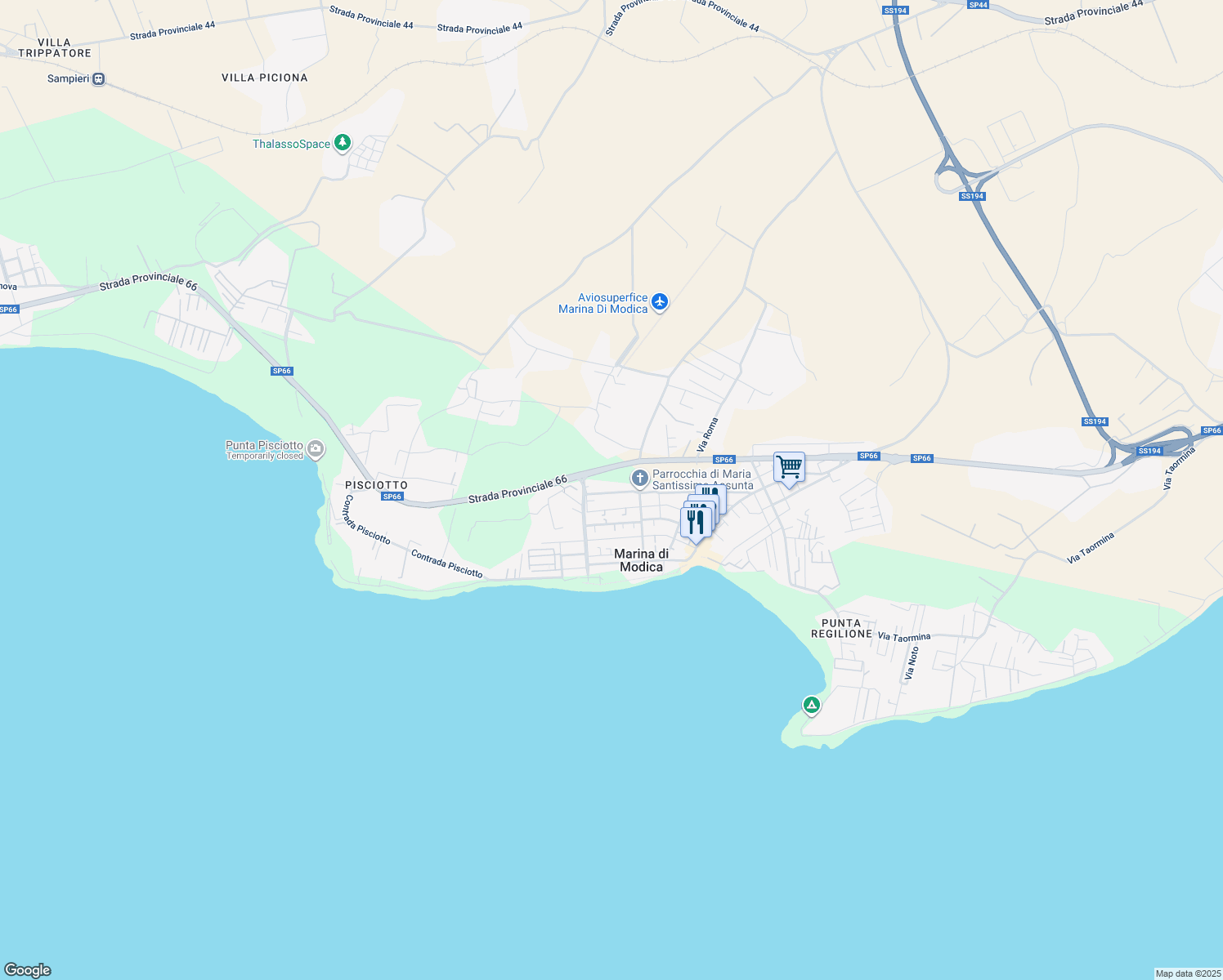 map of restaurants, bars, coffee shops, grocery stores, and more near 110 Via dei Navigatori in Marina di Modica