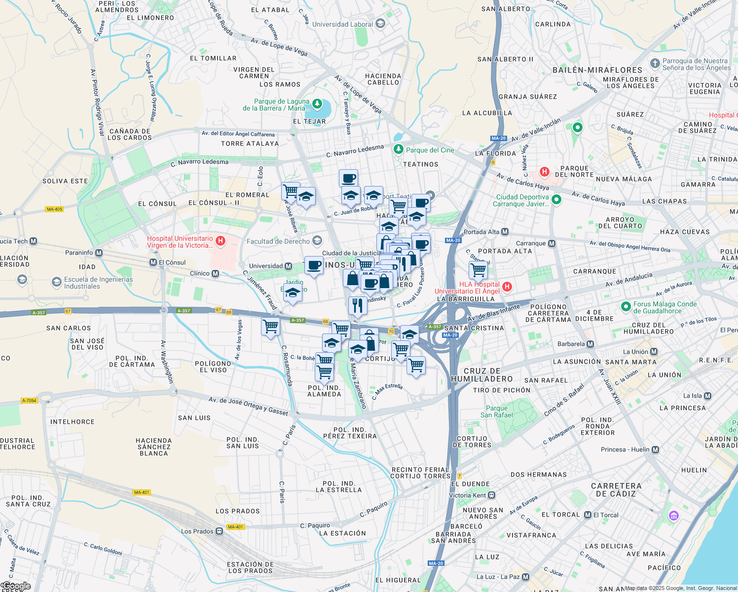 map of restaurants, bars, coffee shops, grocery stores, and more near 14 Calle Gustavo Pittaluga in Málaga