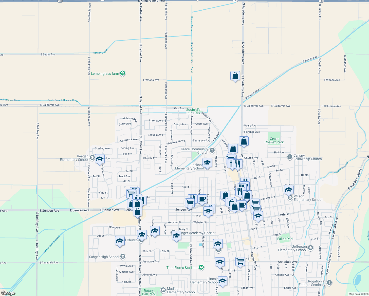 map of restaurants, bars, coffee shops, grocery stores, and more near 2159 Sterling Ave in Sanger