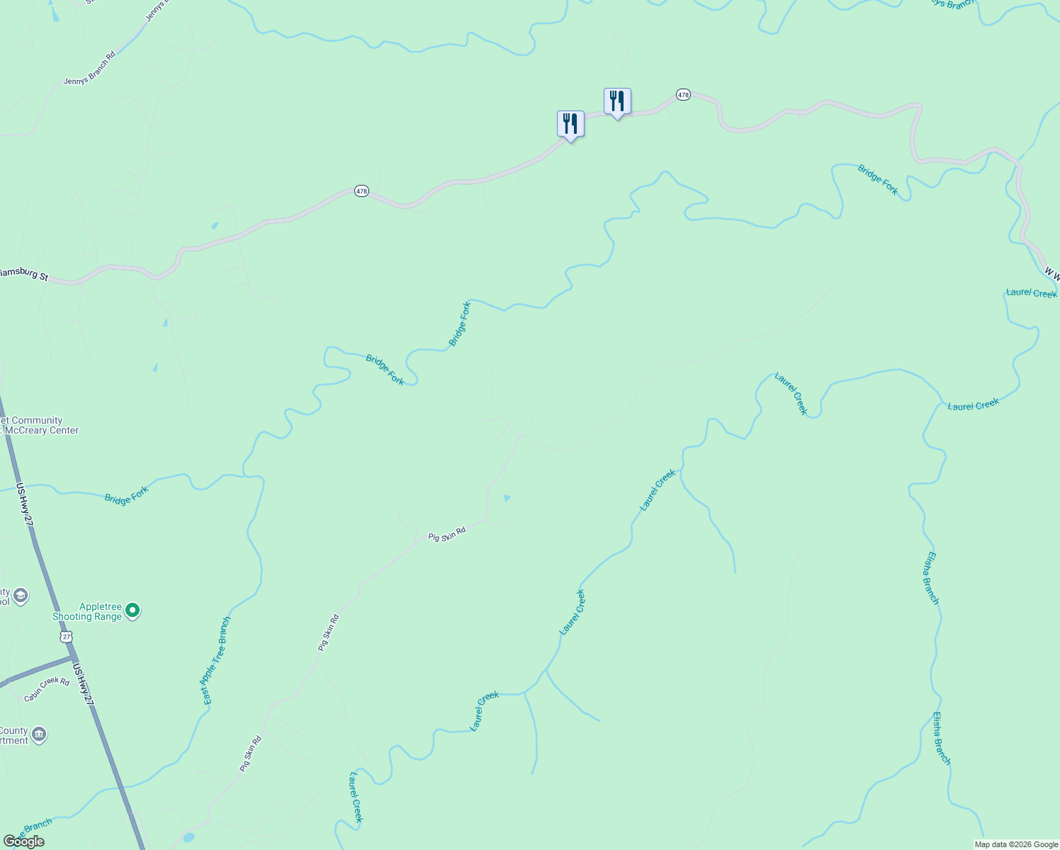 map of restaurants, bars, coffee shops, grocery stores, and more near R W Meadows Rd in Pine Knot