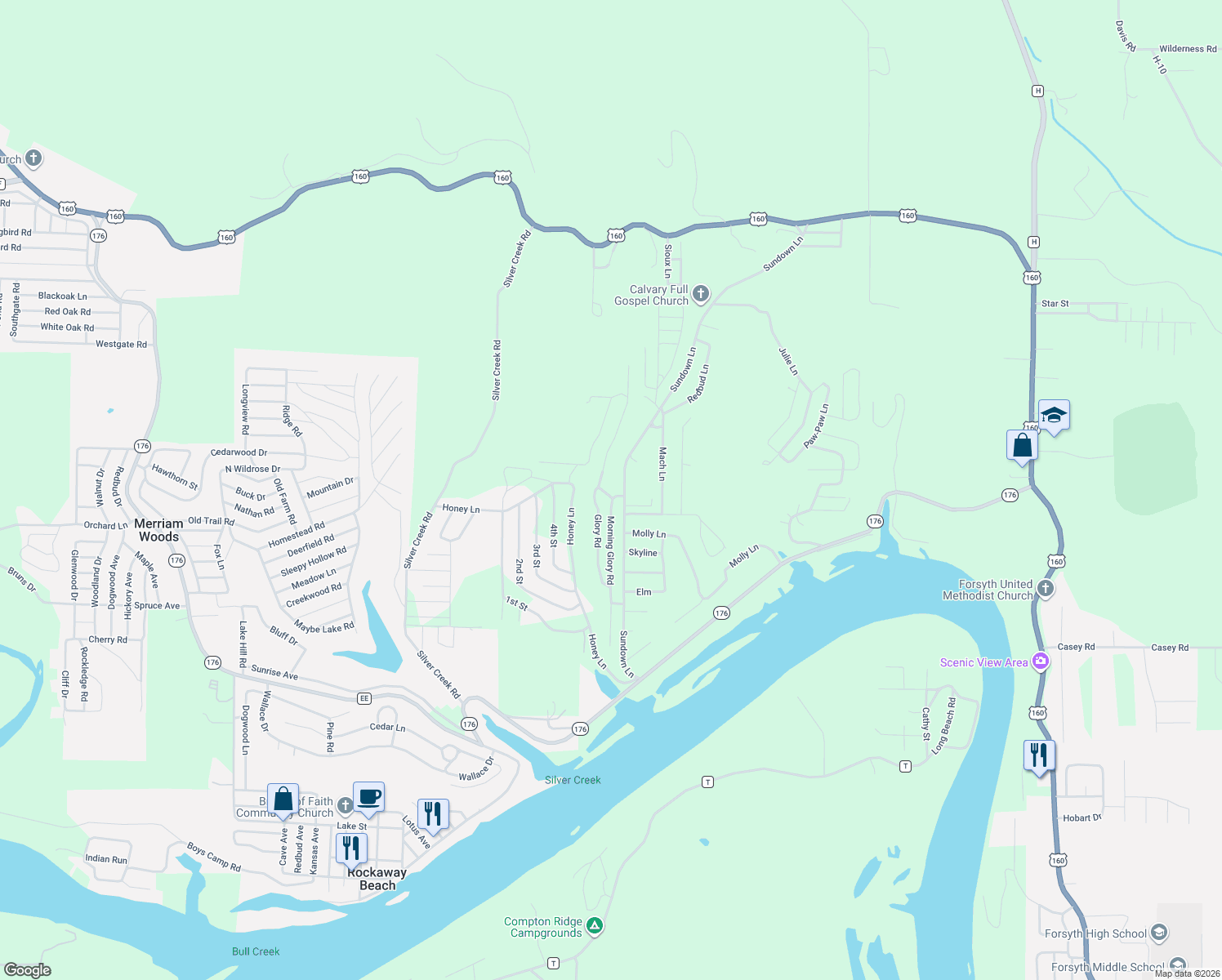 map of restaurants, bars, coffee shops, grocery stores, and more near 800-862 Road 160-80 in Forsyth