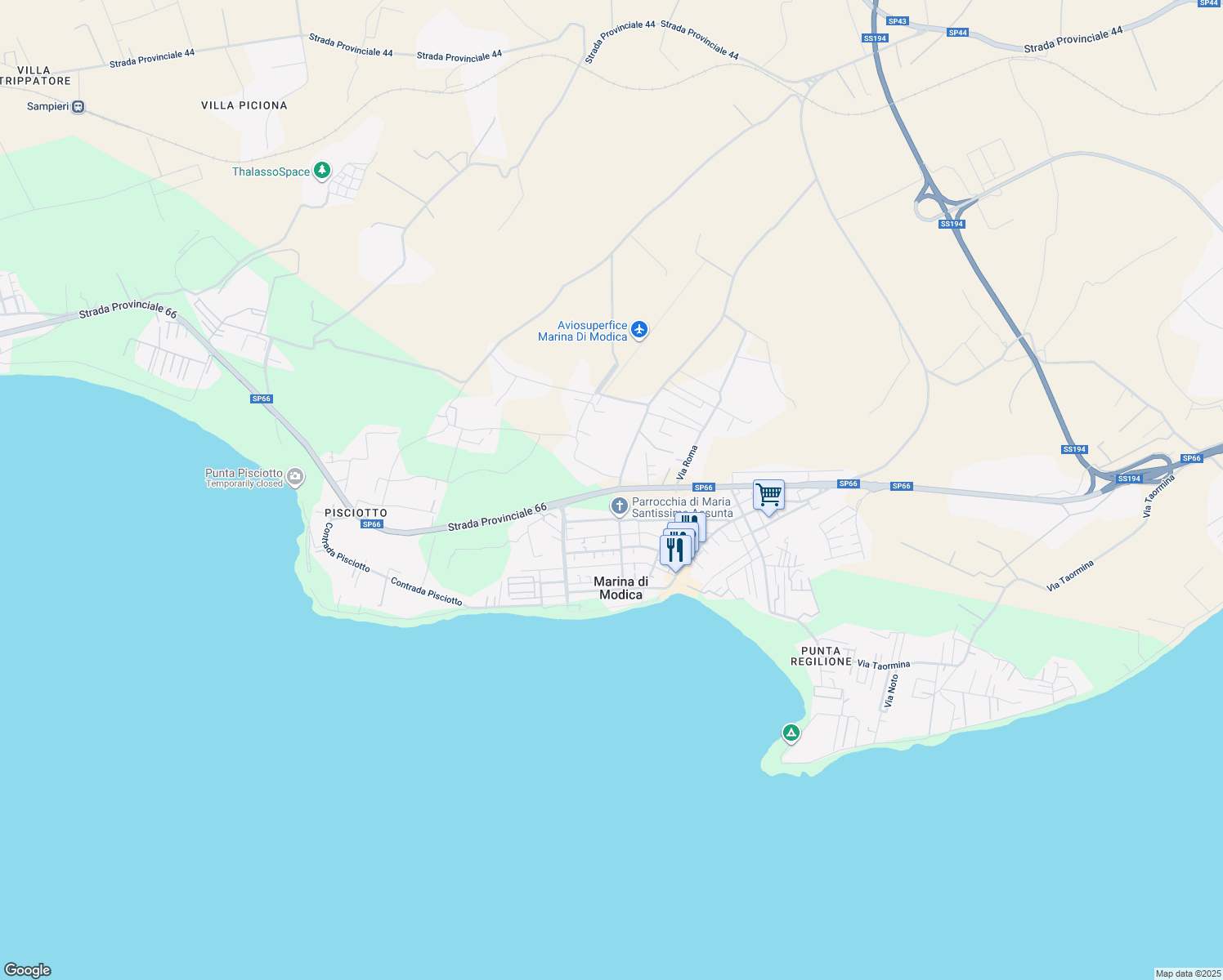 map of restaurants, bars, coffee shops, grocery stores, and more near 110 Via dei Navigatori in Marina di Modica