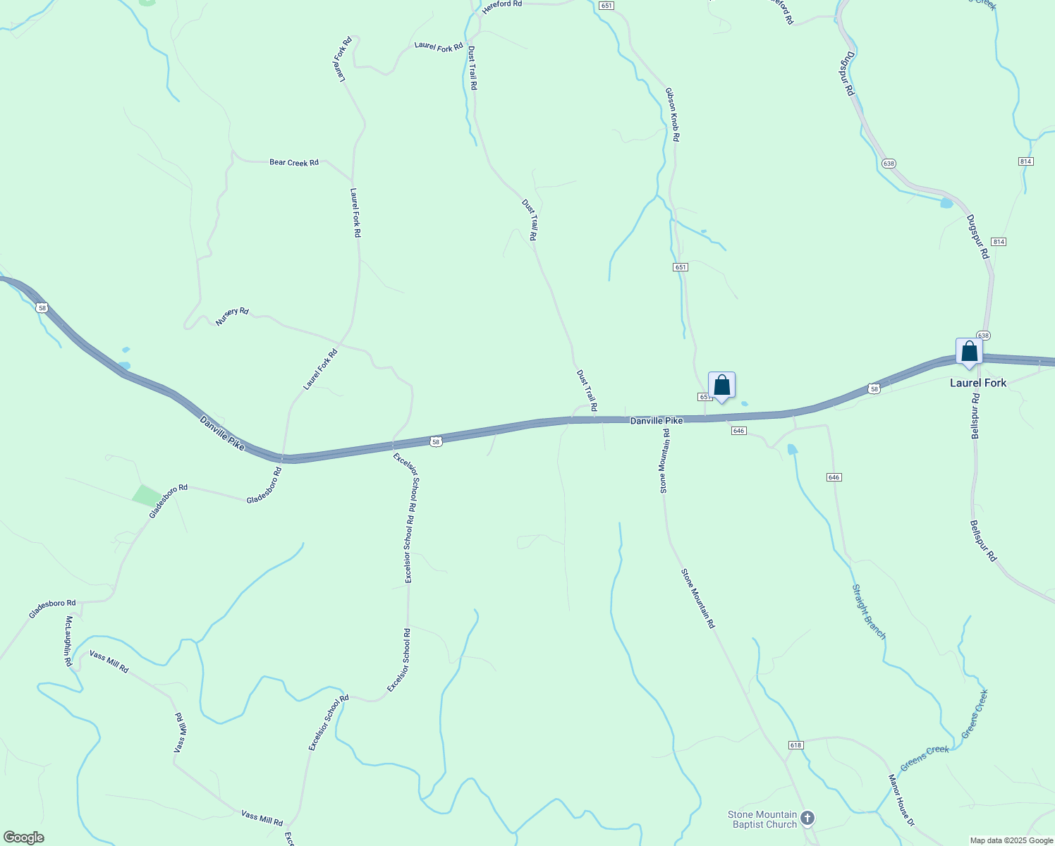 map of restaurants, bars, coffee shops, grocery stores, and more near Danville Pike in Laurel Fork