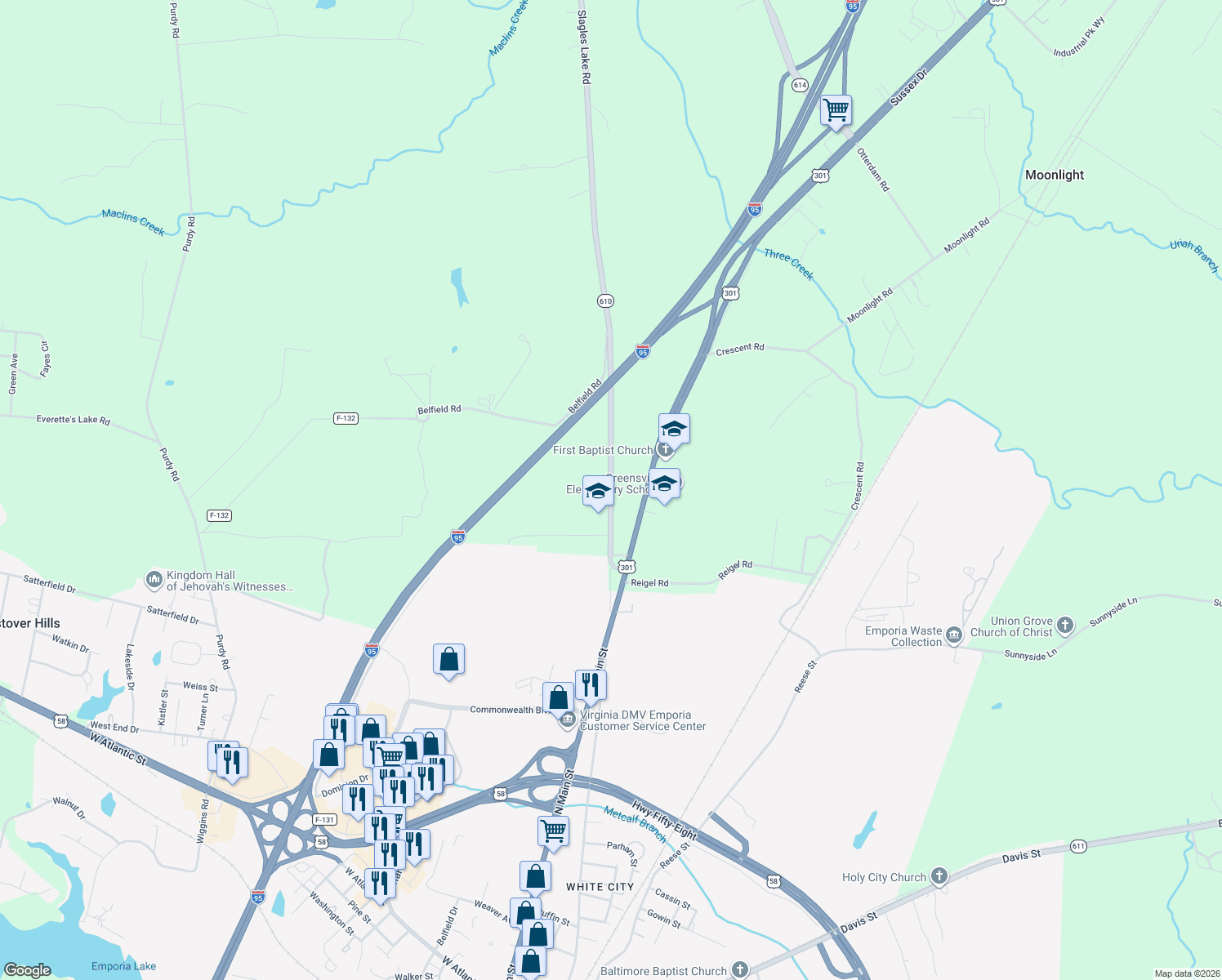 map of restaurants, bars, coffee shops, grocery stores, and more near 237 Slagles Lake Road in Emporia