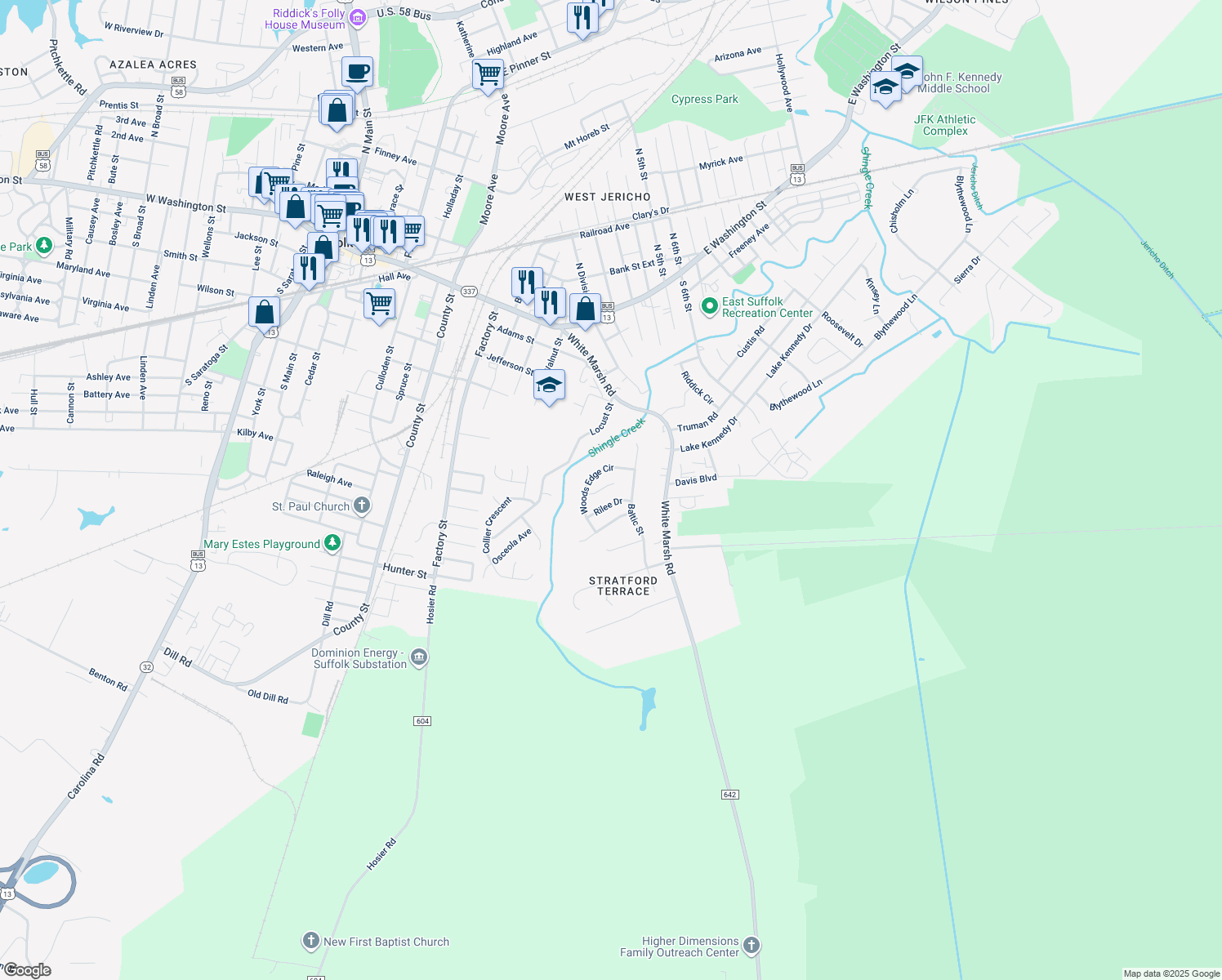 map of restaurants, bars, coffee shops, grocery stores, and more near 814 Resource Drive in Suffolk