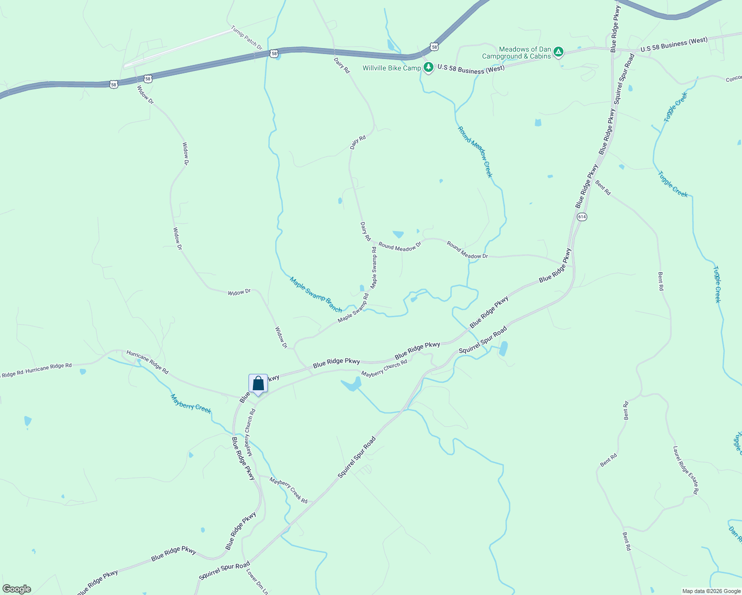 map of restaurants, bars, coffee shops, grocery stores, and more near Maple Swamp Road in Meadows of Dan