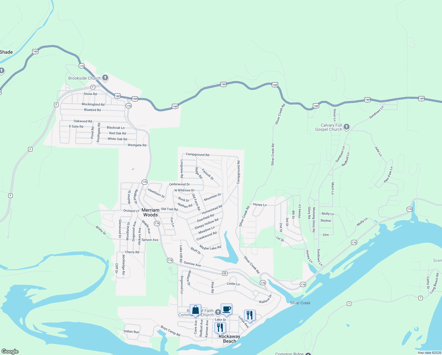map of restaurants, bars, coffee shops, grocery stores, and more near 1028 Greentree Road in Rockaway Beach