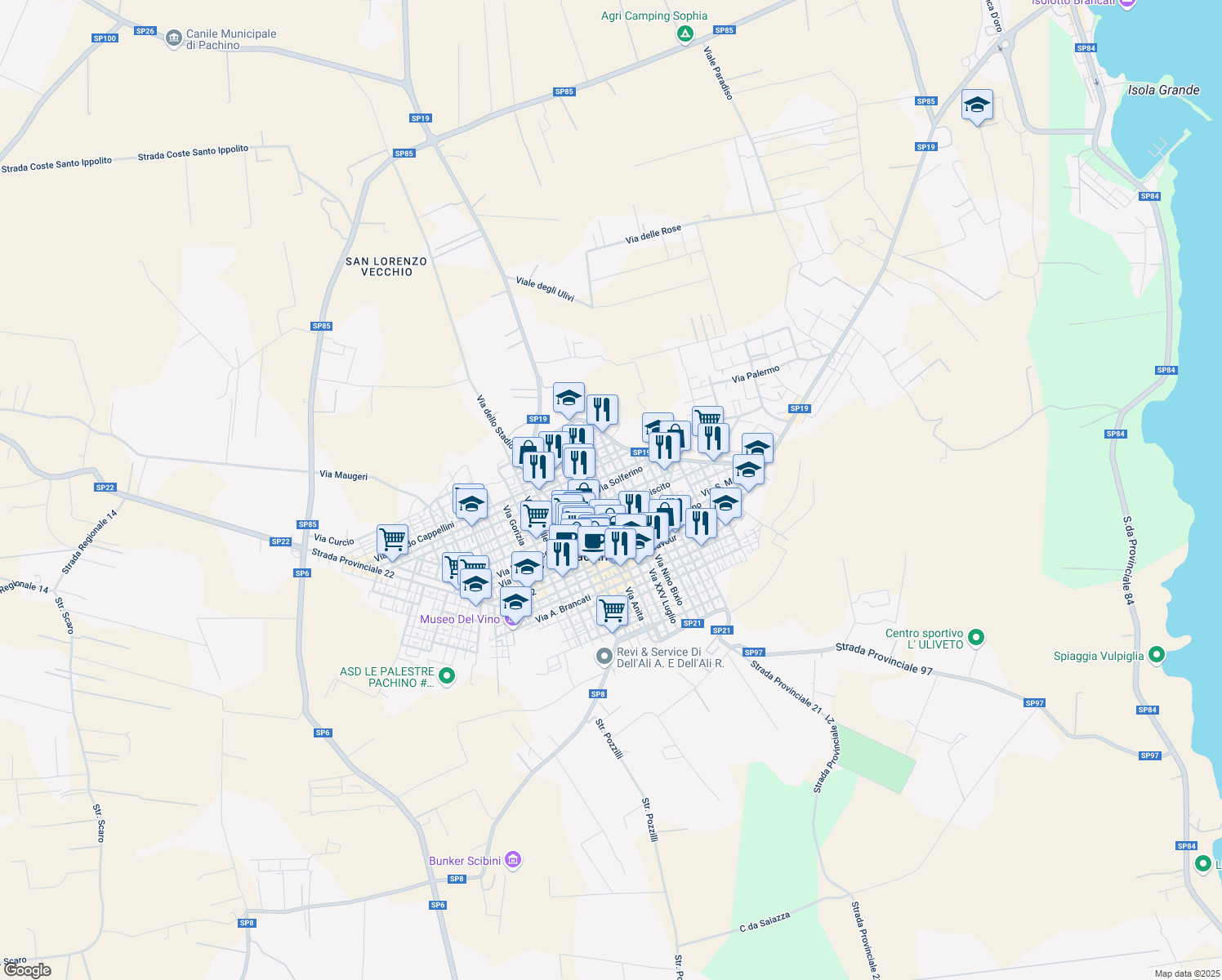 map of restaurants, bars, coffee shops, grocery stores, and more near 68 Via Solferino in Pachino
