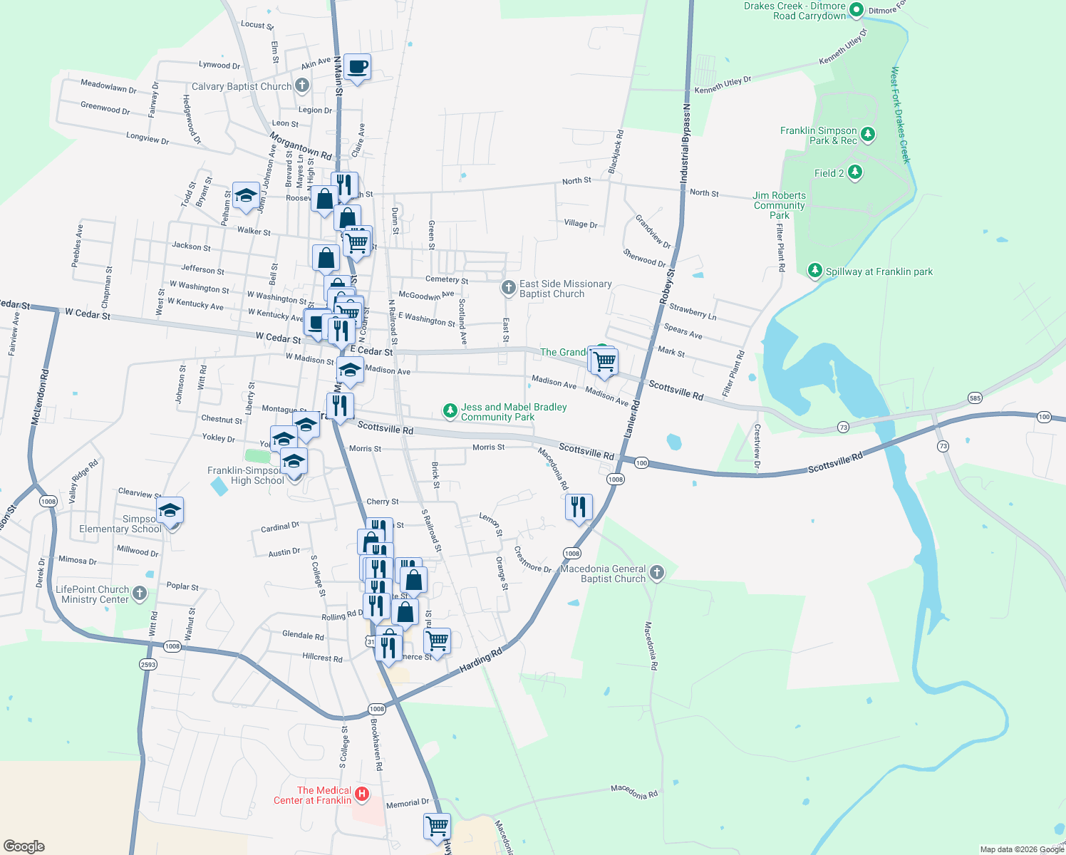 map of restaurants, bars, coffee shops, grocery stores, and more near 599 Breckenridge Street in Franklin