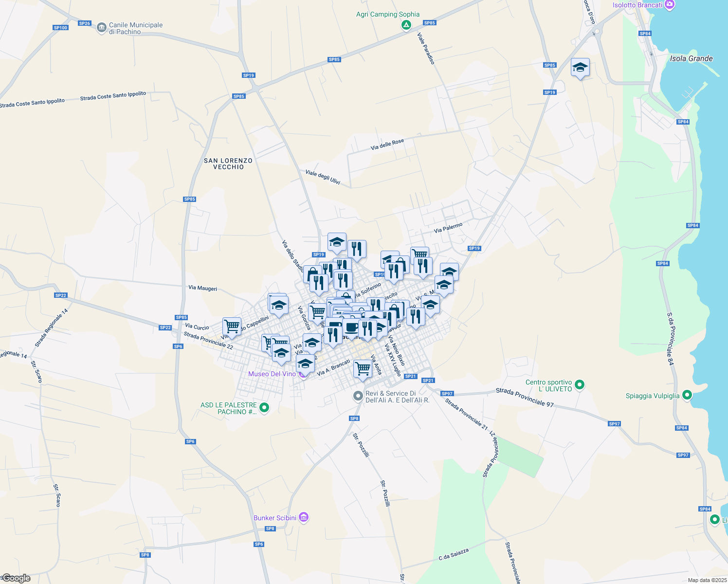 map of restaurants, bars, coffee shops, grocery stores, and more near 68 Via Solferino in Pachino