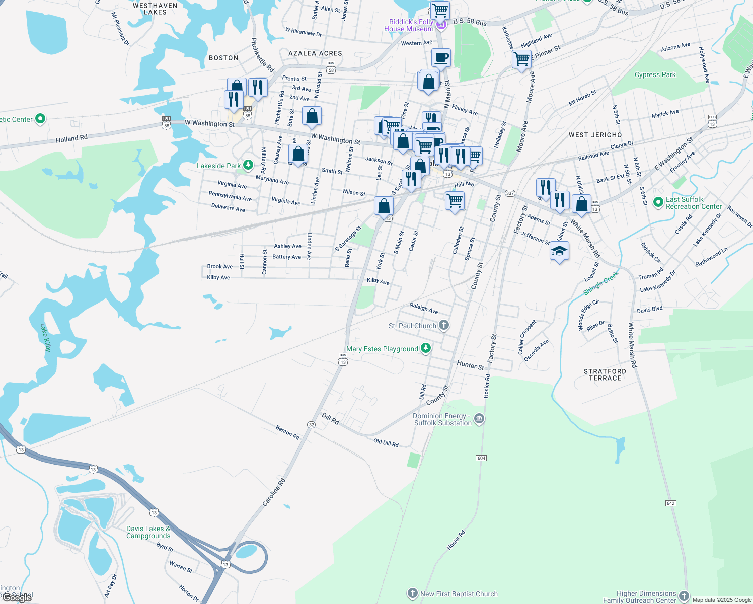map of restaurants, bars, coffee shops, grocery stores, and more near 516 York Street in Suffolk