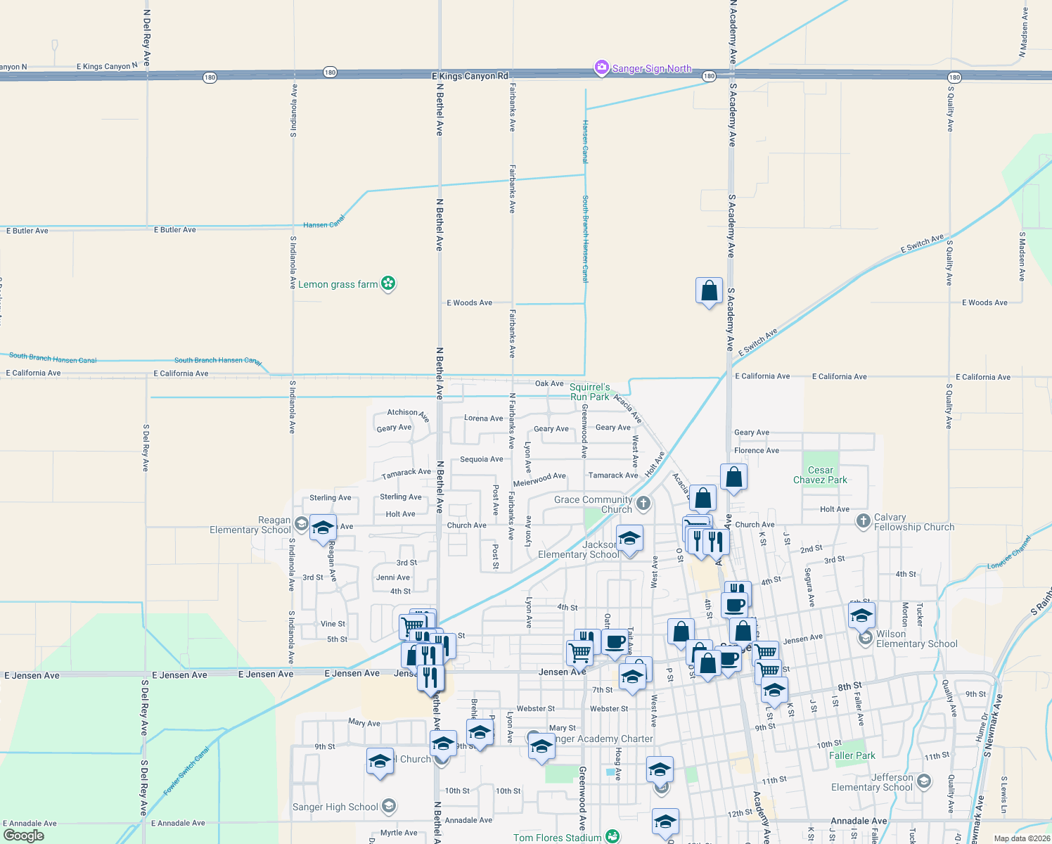 map of restaurants, bars, coffee shops, grocery stores, and more near 2267 Lorena Avenue in Sanger