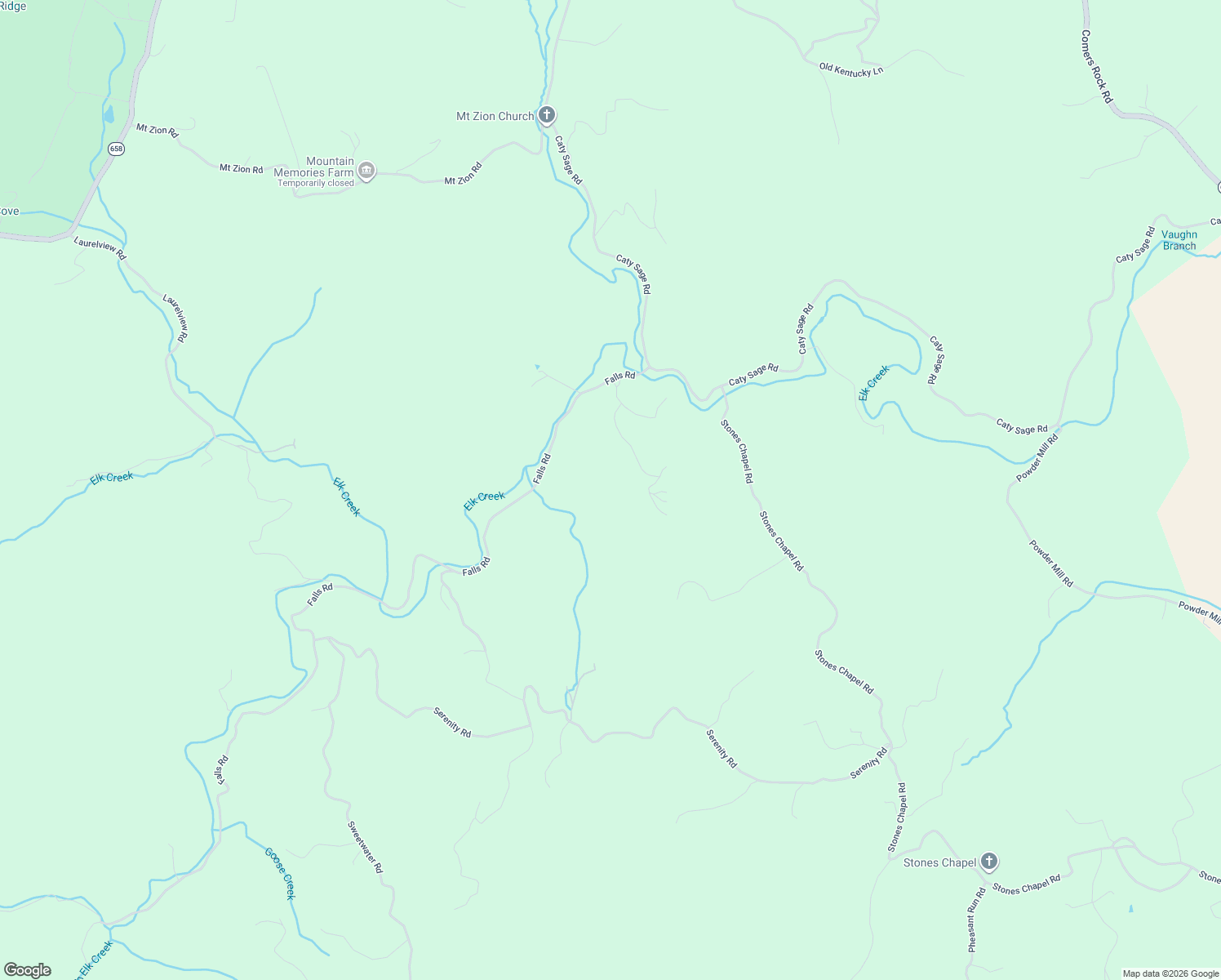 map of restaurants, bars, coffee shops, grocery stores, and more near 523 Falls Road in Elk Creek