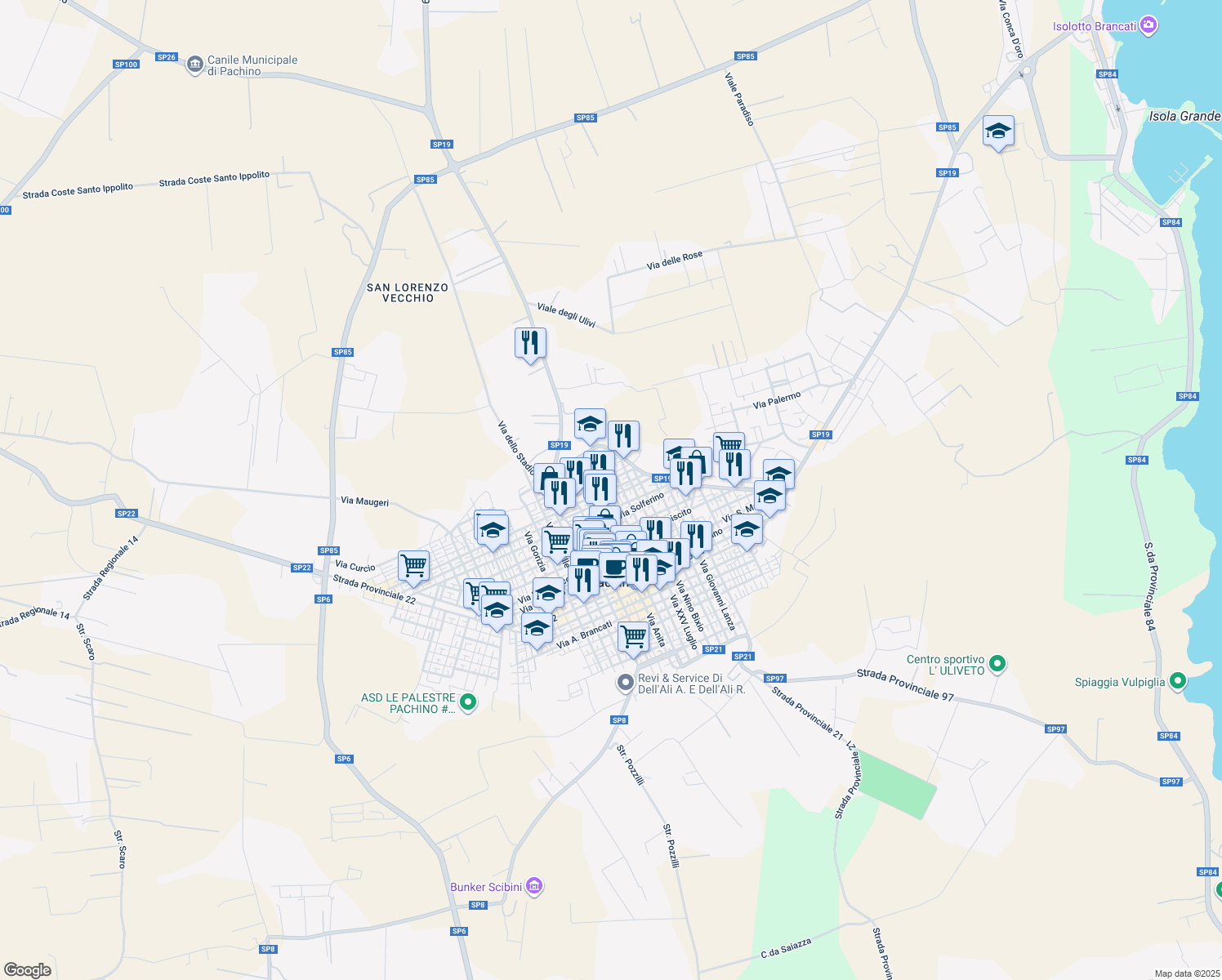 map of restaurants, bars, coffee shops, grocery stores, and more near 40 Via Regina Margherita in Pachino