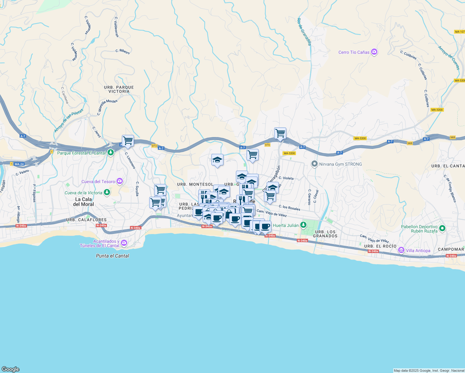 map of restaurants, bars, coffee shops, grocery stores, and more near 5 Calle Castillón in Rincón de la Victoria