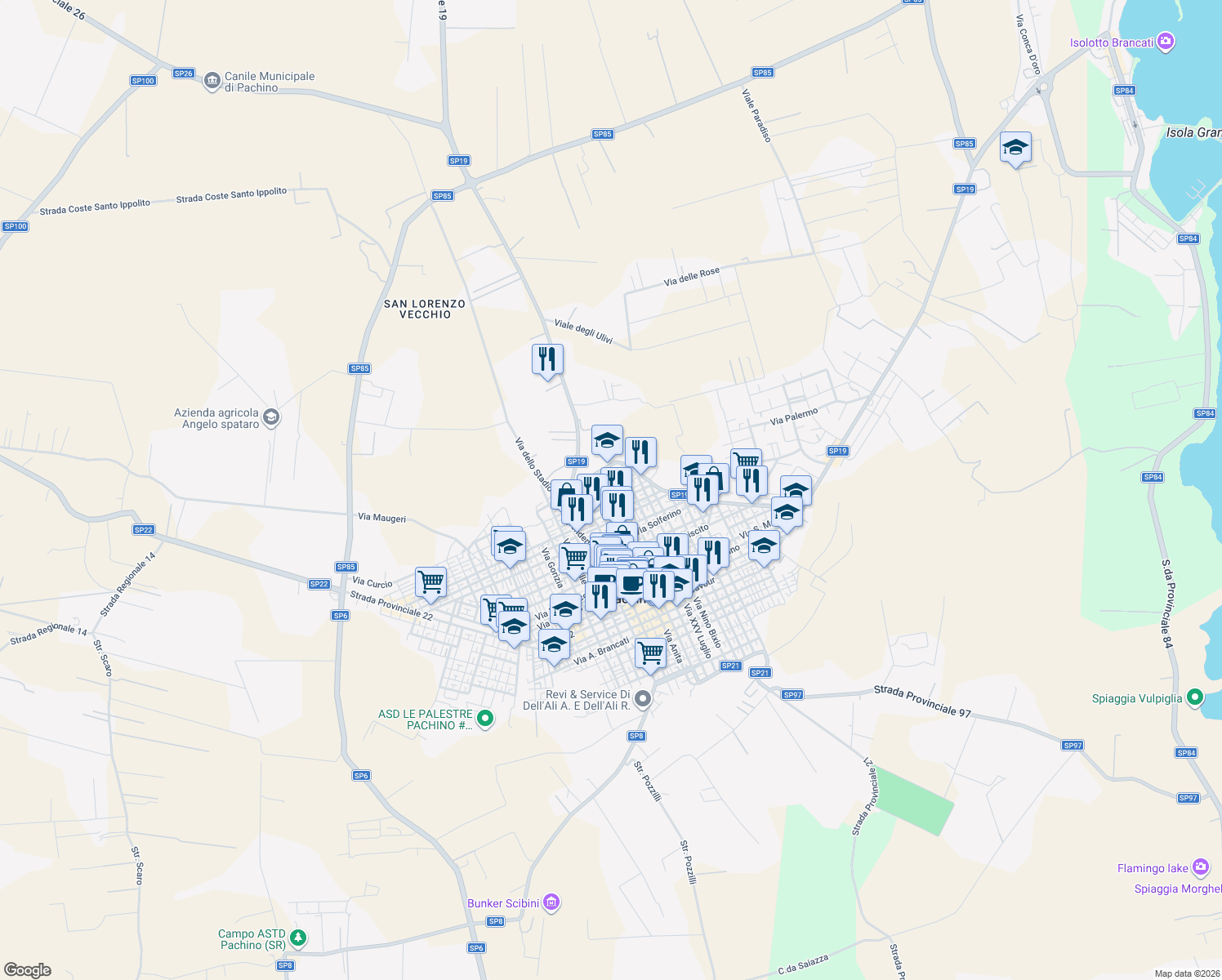 map of restaurants, bars, coffee shops, grocery stores, and more near 40 Via Regina Margherita in Pachino