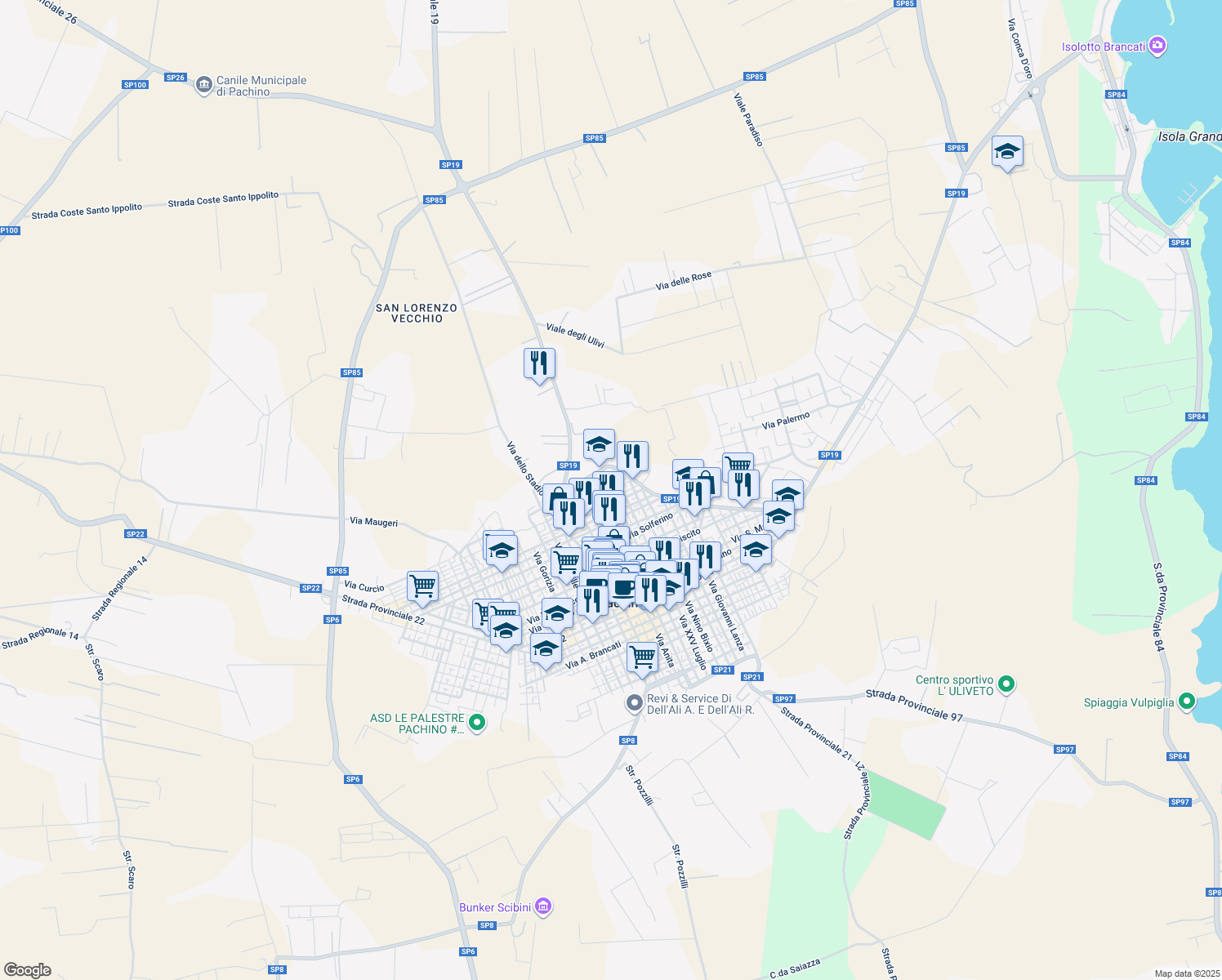 map of restaurants, bars, coffee shops, grocery stores, and more near 40 Via Regina Margherita in Pachino