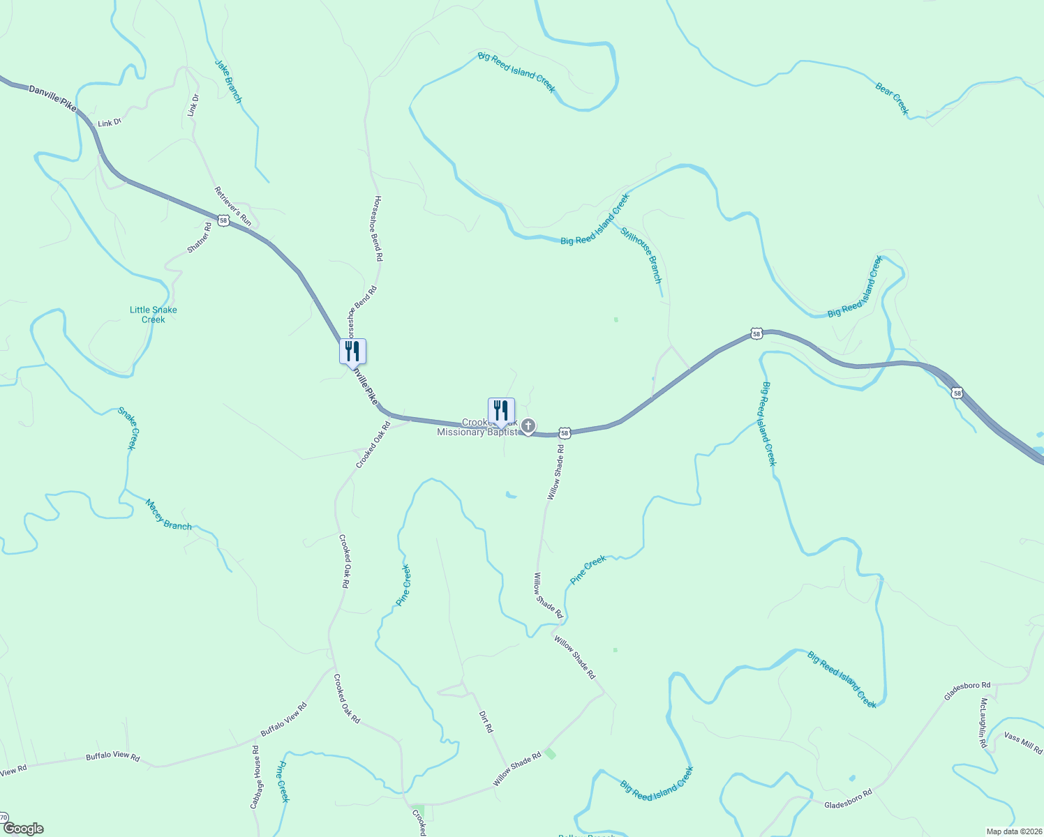 map of restaurants, bars, coffee shops, grocery stores, and more near Danville Pike in Hillsville