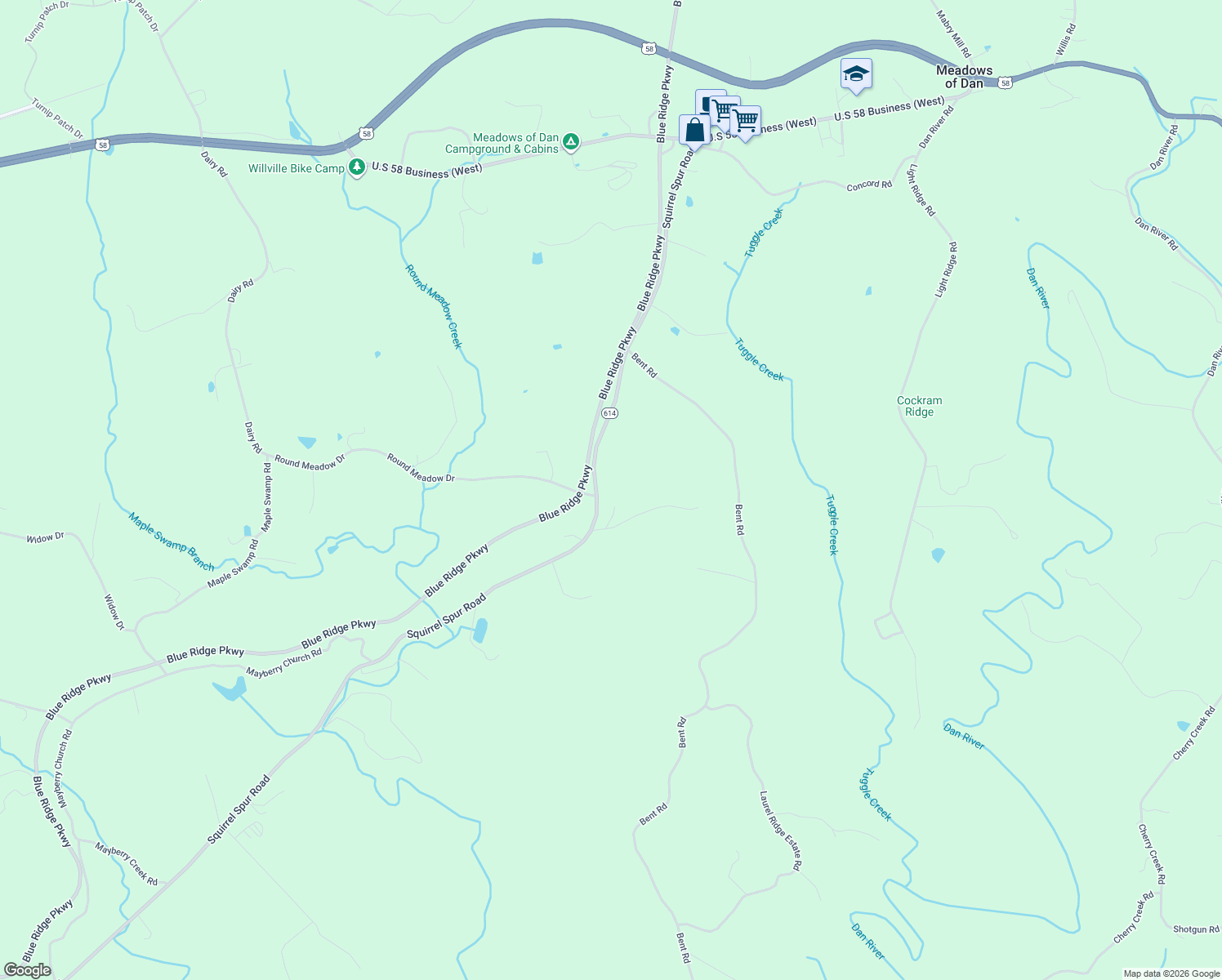 map of restaurants, bars, coffee shops, grocery stores, and more near Squirrel Spur Road in Meadows of Dan