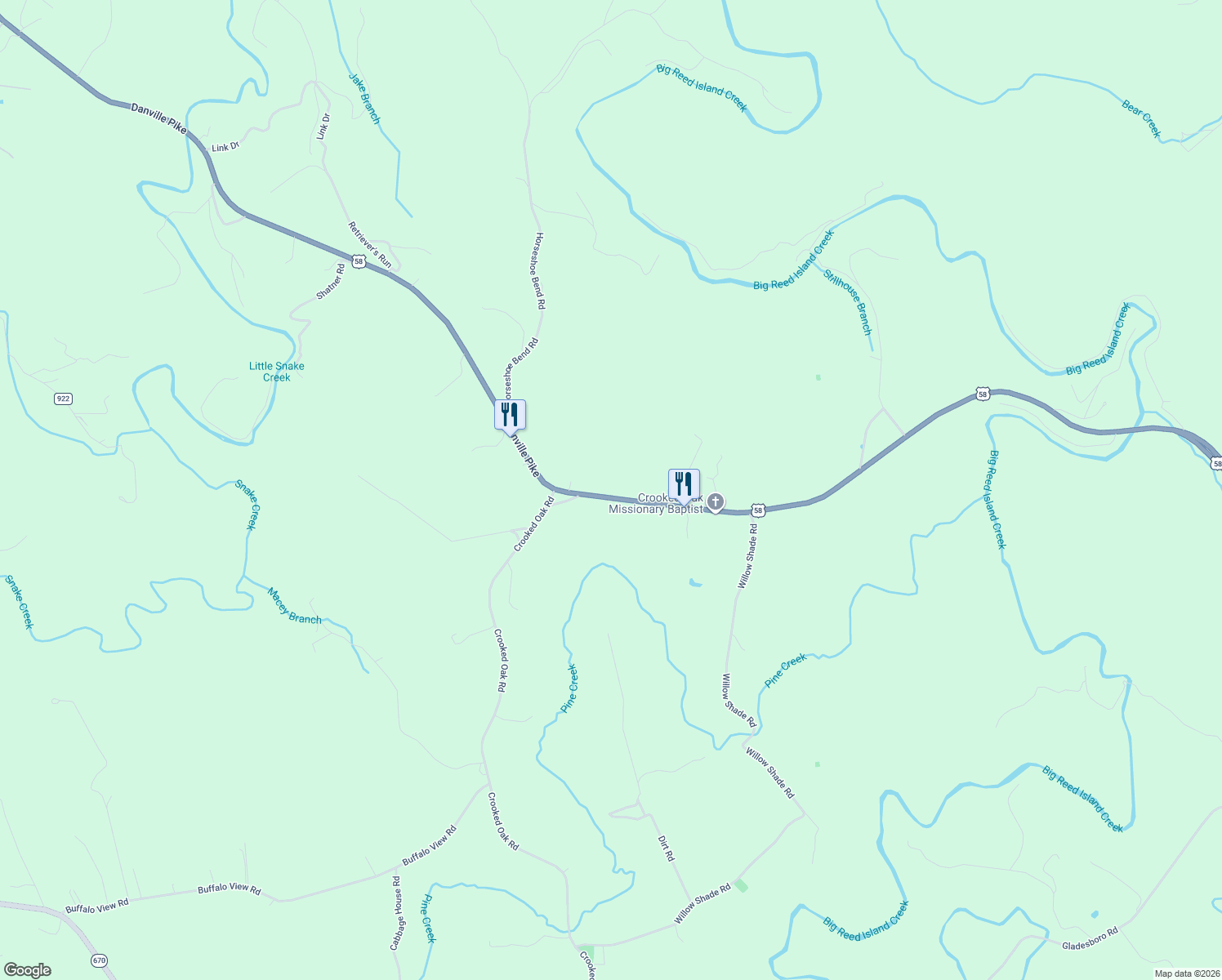 map of restaurants, bars, coffee shops, grocery stores, and more near Danville Pike in Hillsville