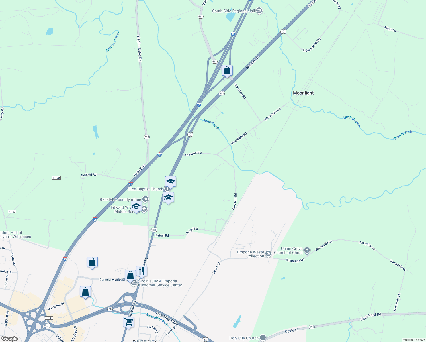 map of restaurants, bars, coffee shops, grocery stores, and more near Saunders Road in Emporia