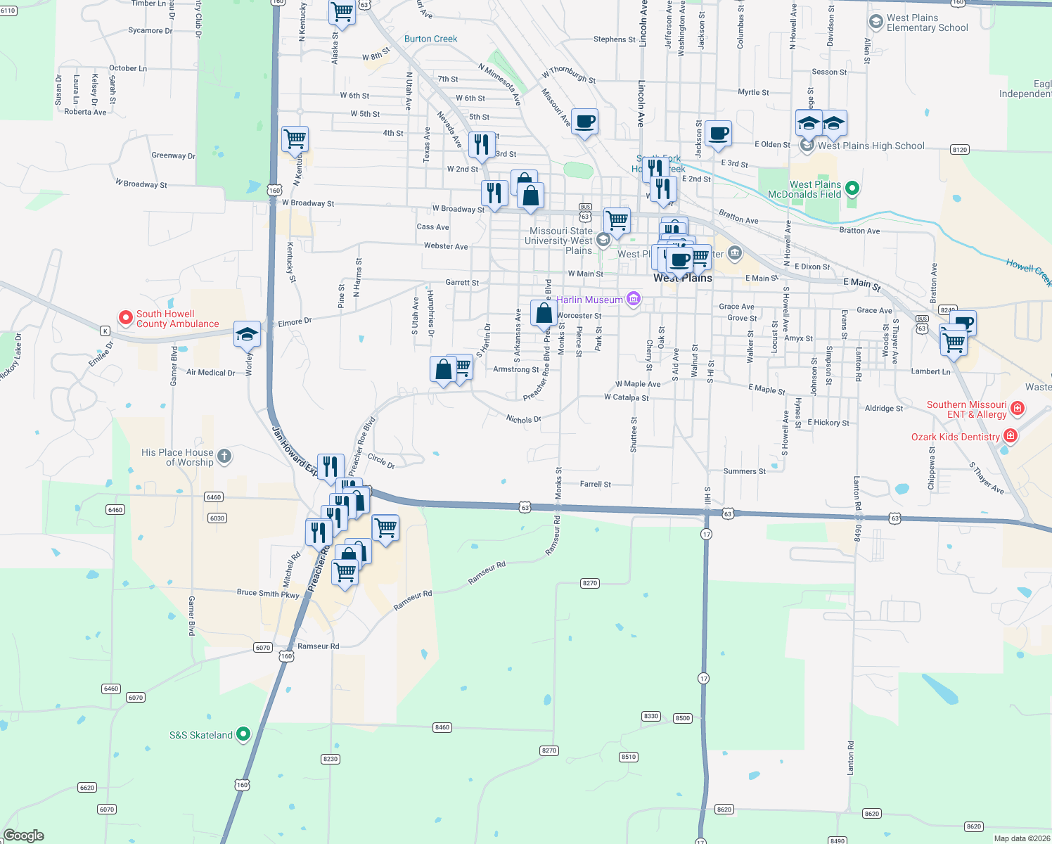 map of restaurants, bars, coffee shops, grocery stores, and more near 924 Nichols Drive in West Plains