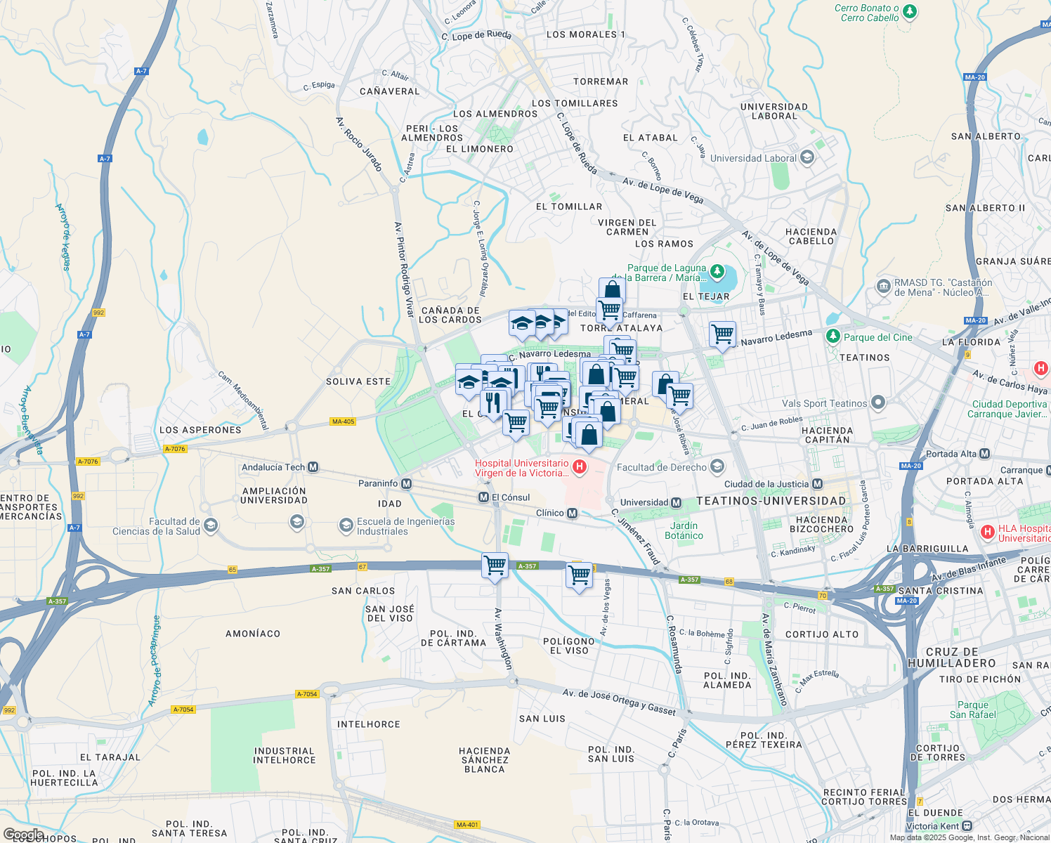 map of restaurants, bars, coffee shops, grocery stores, and more near in Málaga