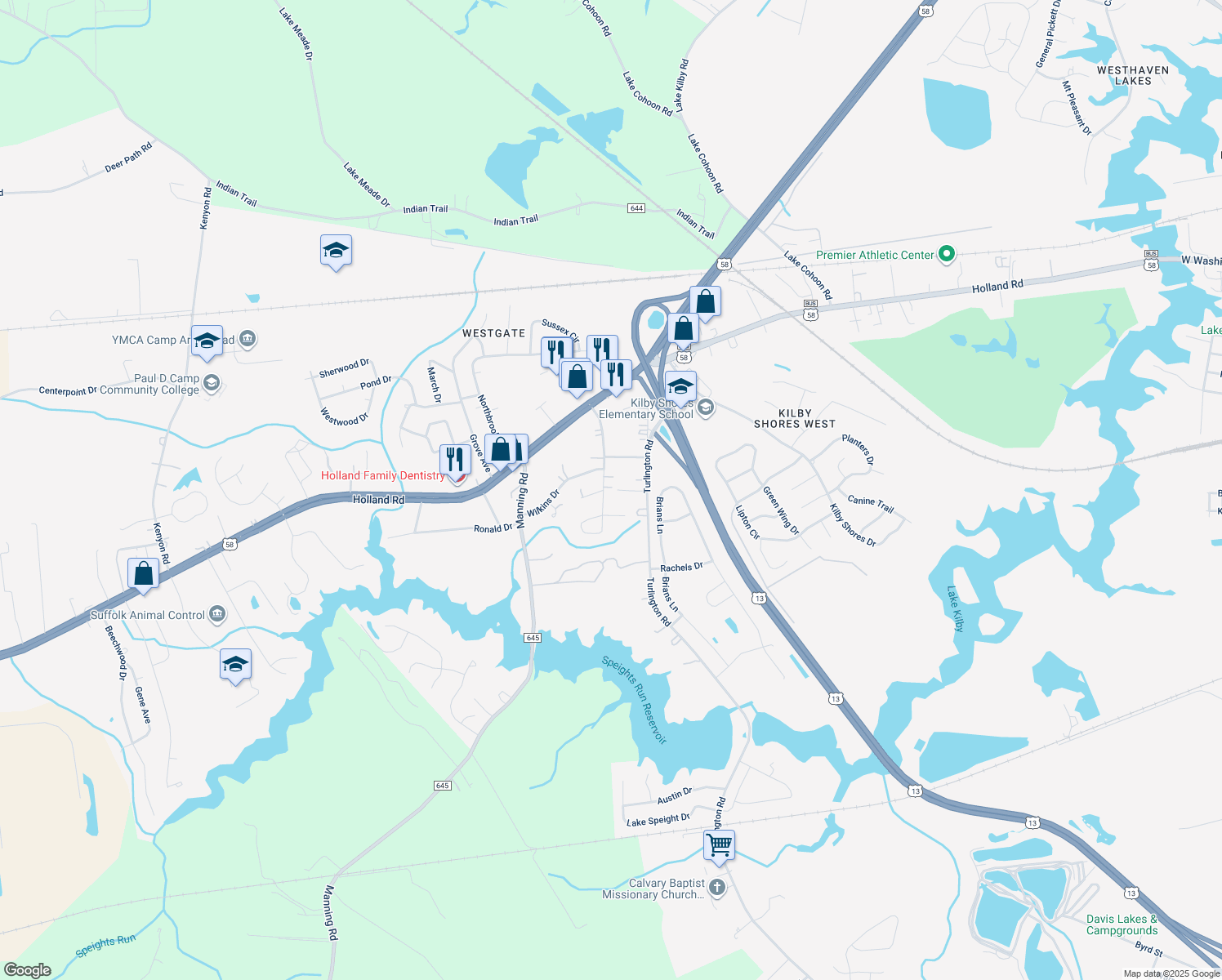 map of restaurants, bars, coffee shops, grocery stores, and more near 208 Staley Drive in Suffolk