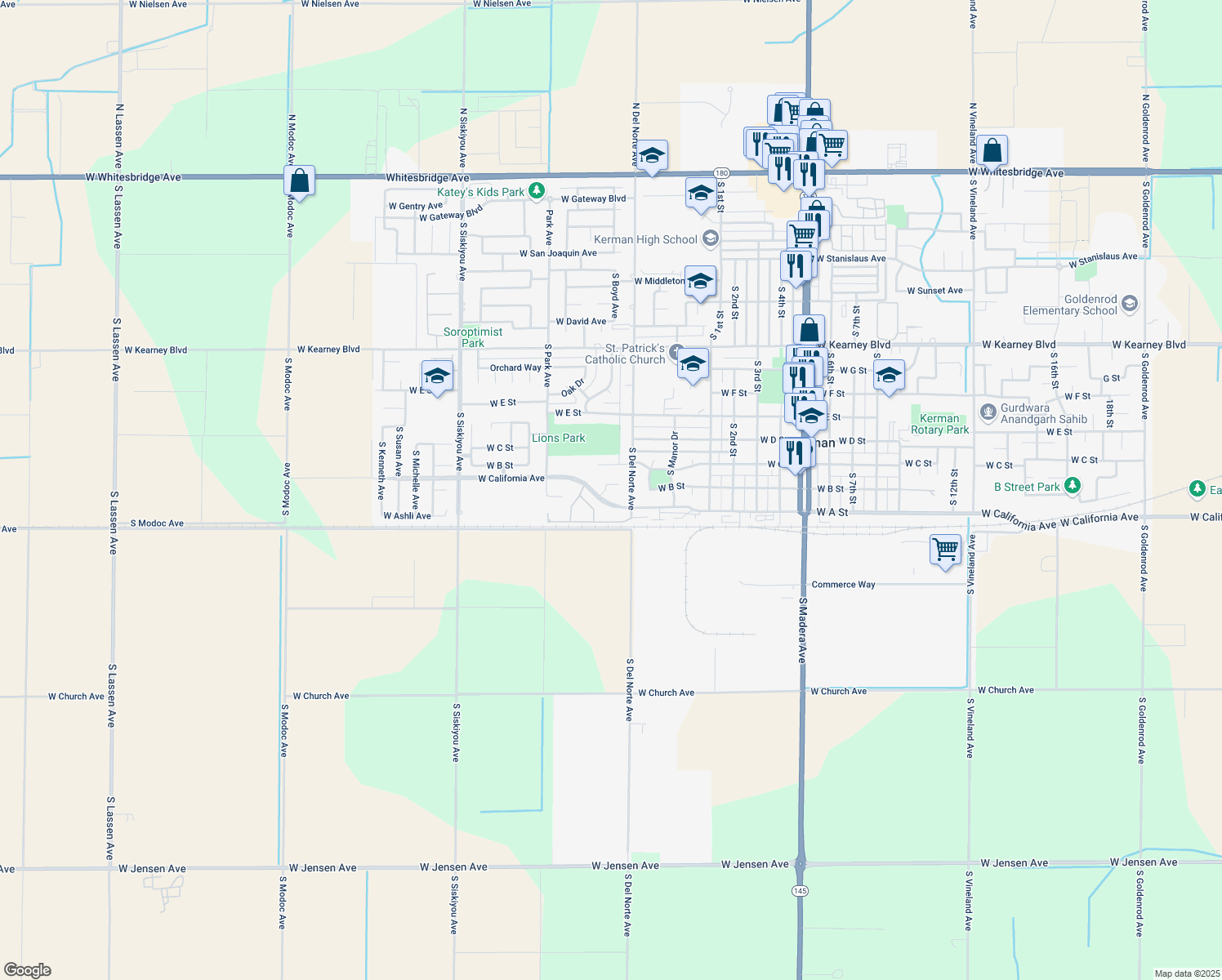map of restaurants, bars, coffee shops, grocery stores, and more near 15627 West B Street in Kerman