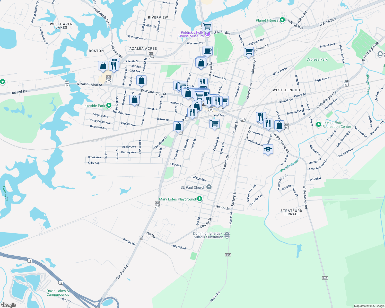 map of restaurants, bars, coffee shops, grocery stores, and more near 328 Cedar Street in Suffolk
