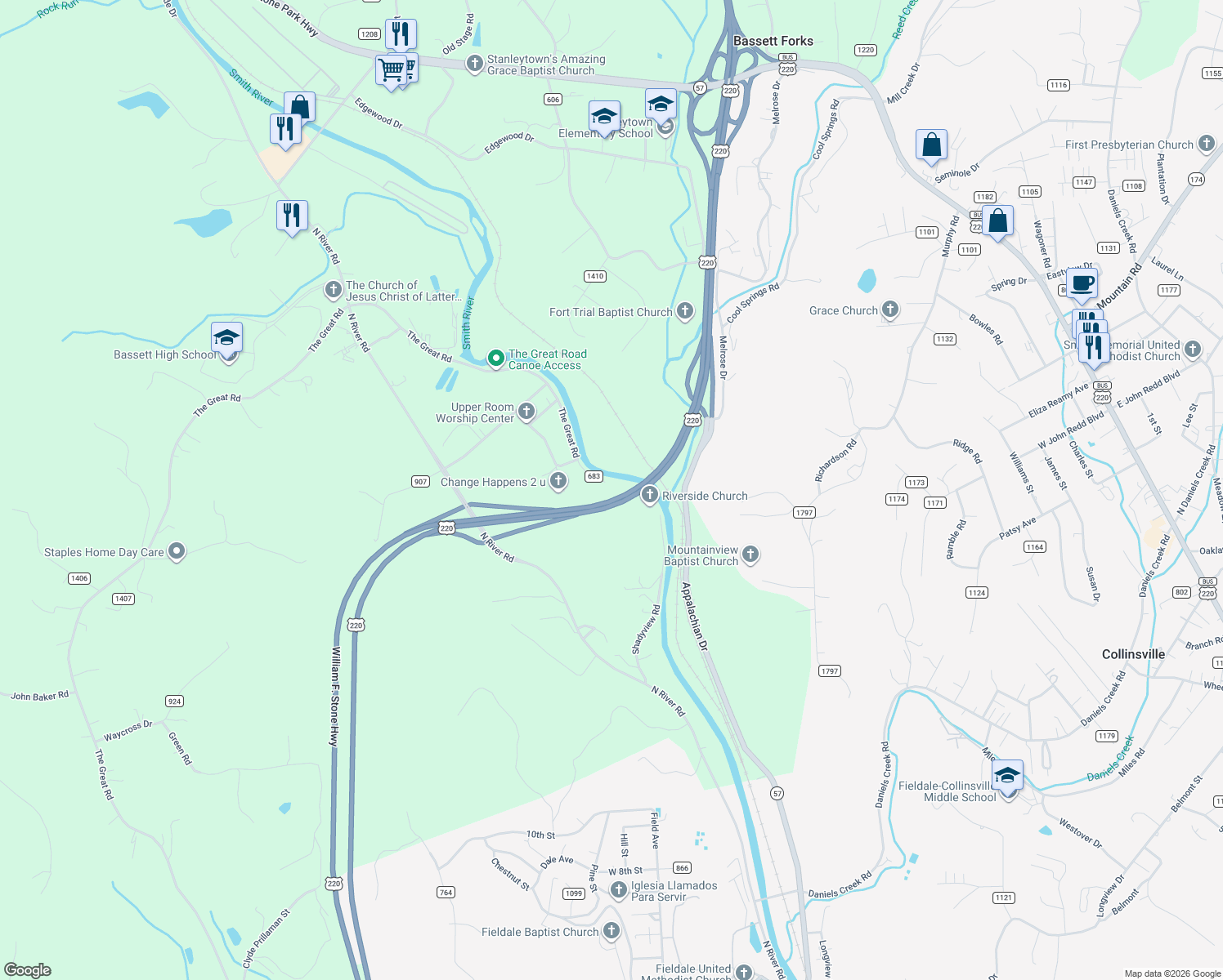 map of restaurants, bars, coffee shops, grocery stores, and more near US Highway 220 in Fieldale