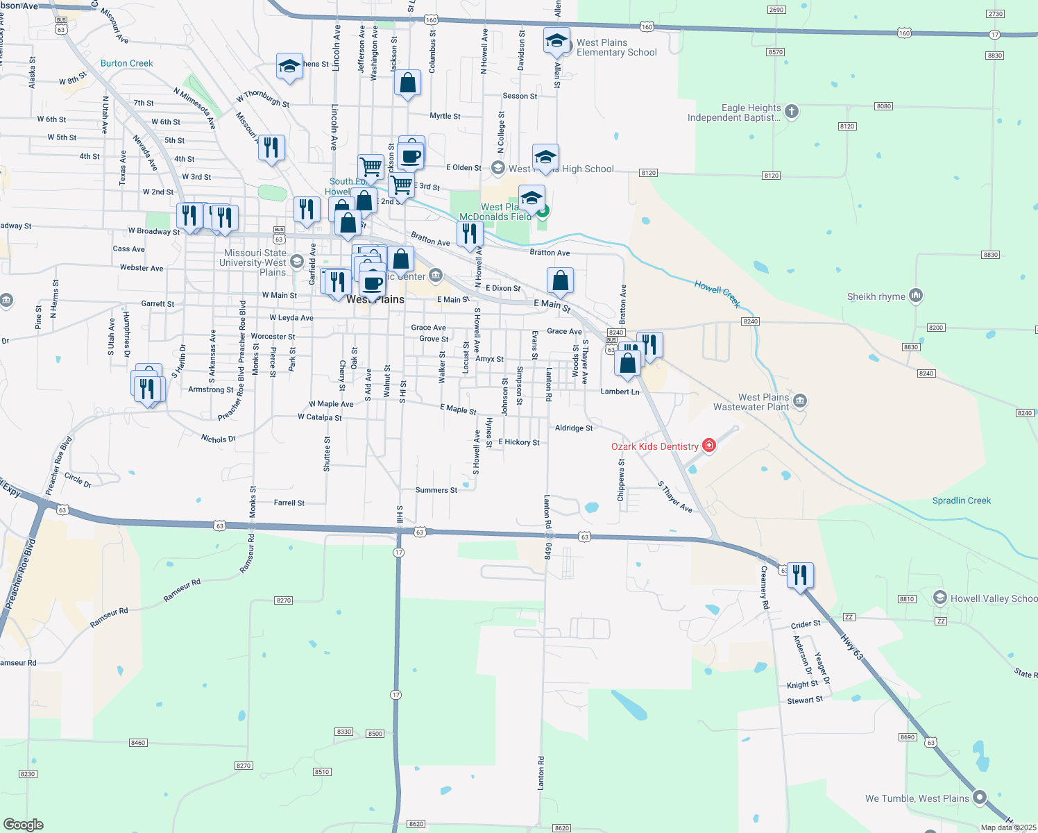 map of restaurants, bars, coffee shops, grocery stores, and more near 599 Simpson St in West Plains