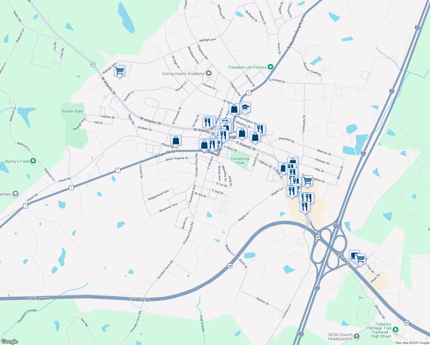 map of restaurants, bars, coffee shops, grocery stores, and more near 401 Robertson Street in South Hill