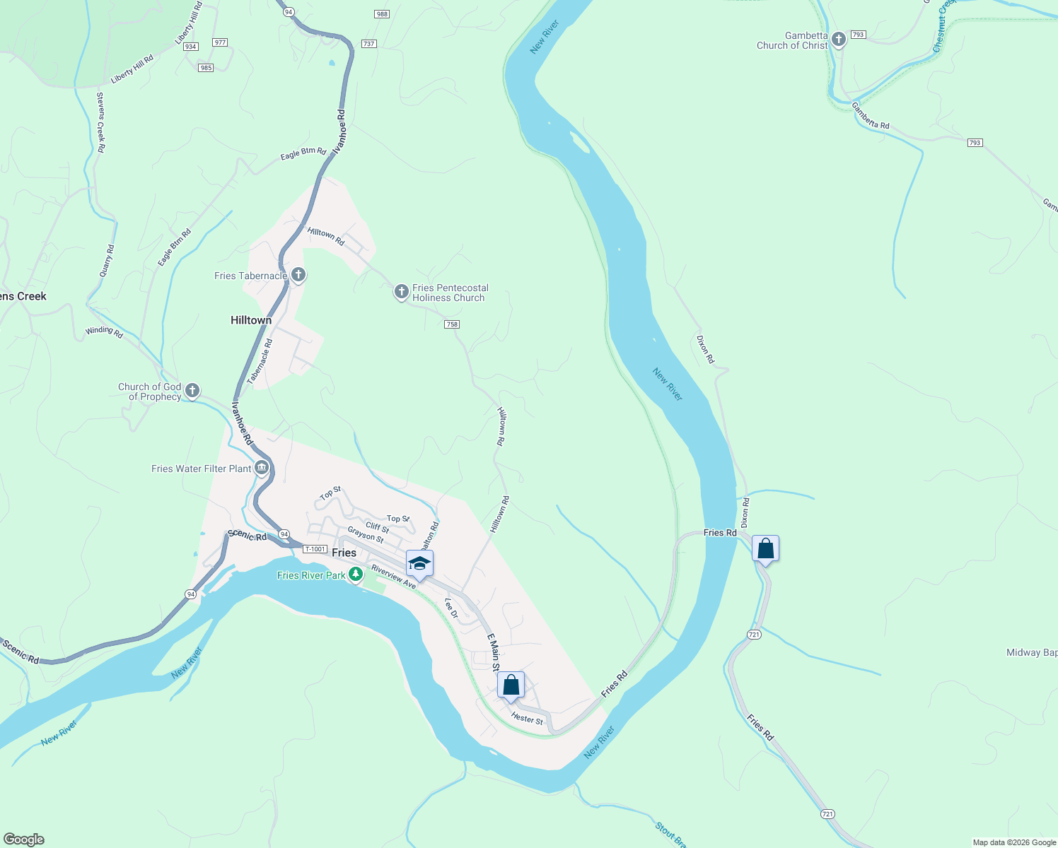 map of restaurants, bars, coffee shops, grocery stores, and more near 198 Brettwood Drive in Galax