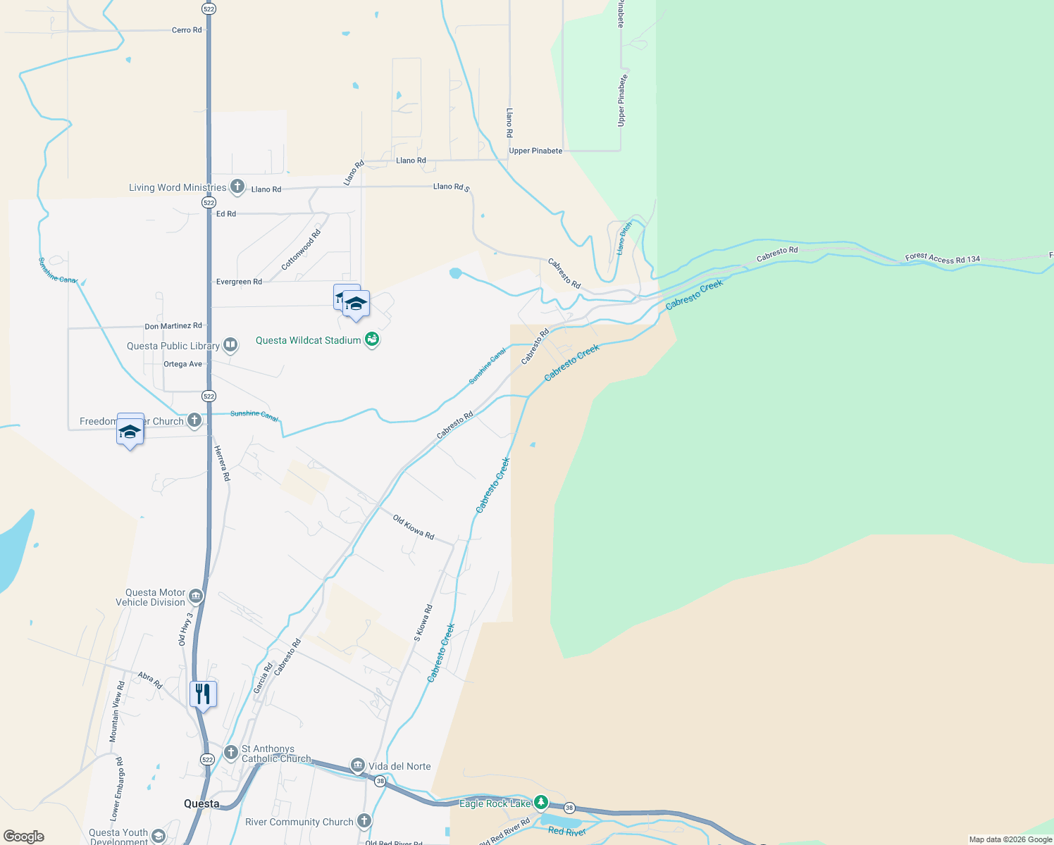 map of restaurants, bars, coffee shops, grocery stores, and more near 189 Cabresto Road in Questa