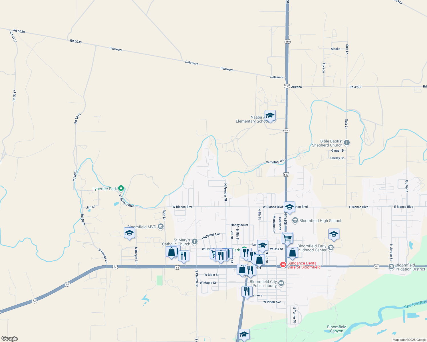 map of restaurants, bars, coffee shops, grocery stores, and more near 1212 North Pixley Street in Bloomfield