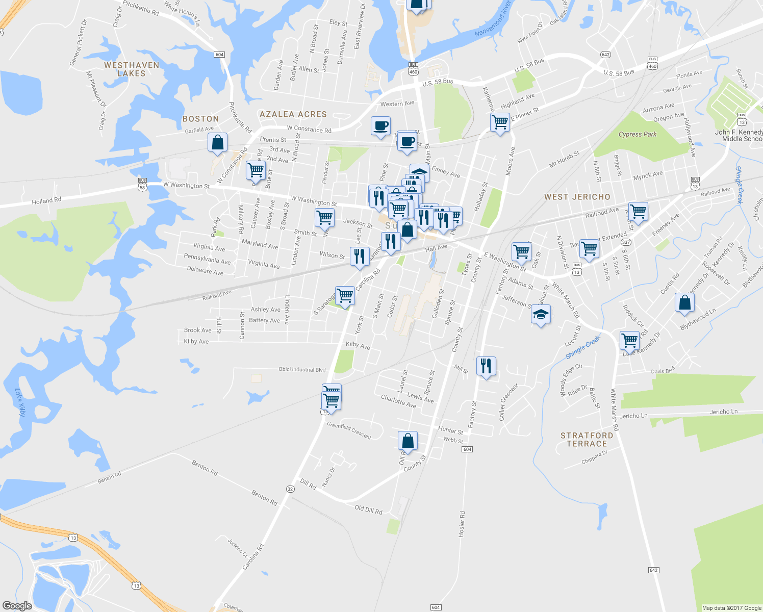 map of restaurants, bars, coffee shops, grocery stores, and more near 314 South Main Street in Suffolk