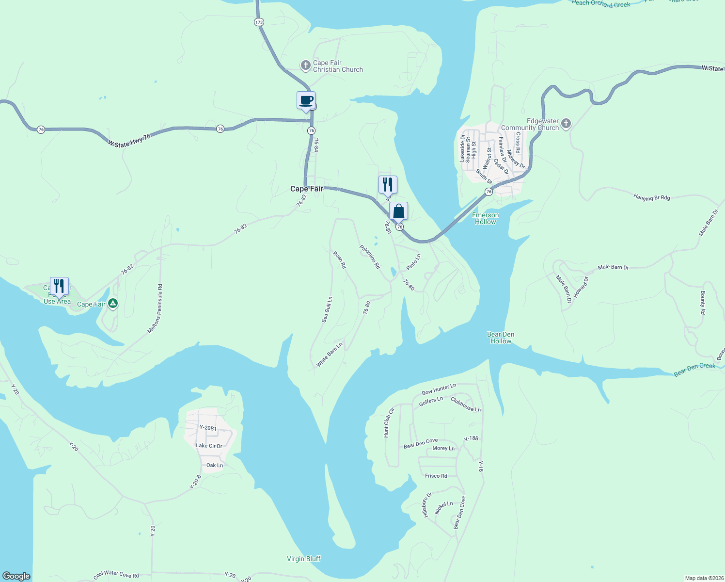 map of restaurants, bars, coffee shops, grocery stores, and more near 144 Roan Road in Cape Fair