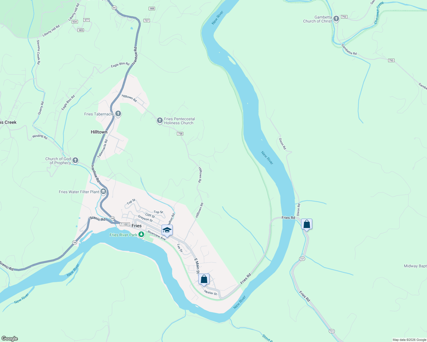 map of restaurants, bars, coffee shops, grocery stores, and more near 198 Brettwood Drive in Galax