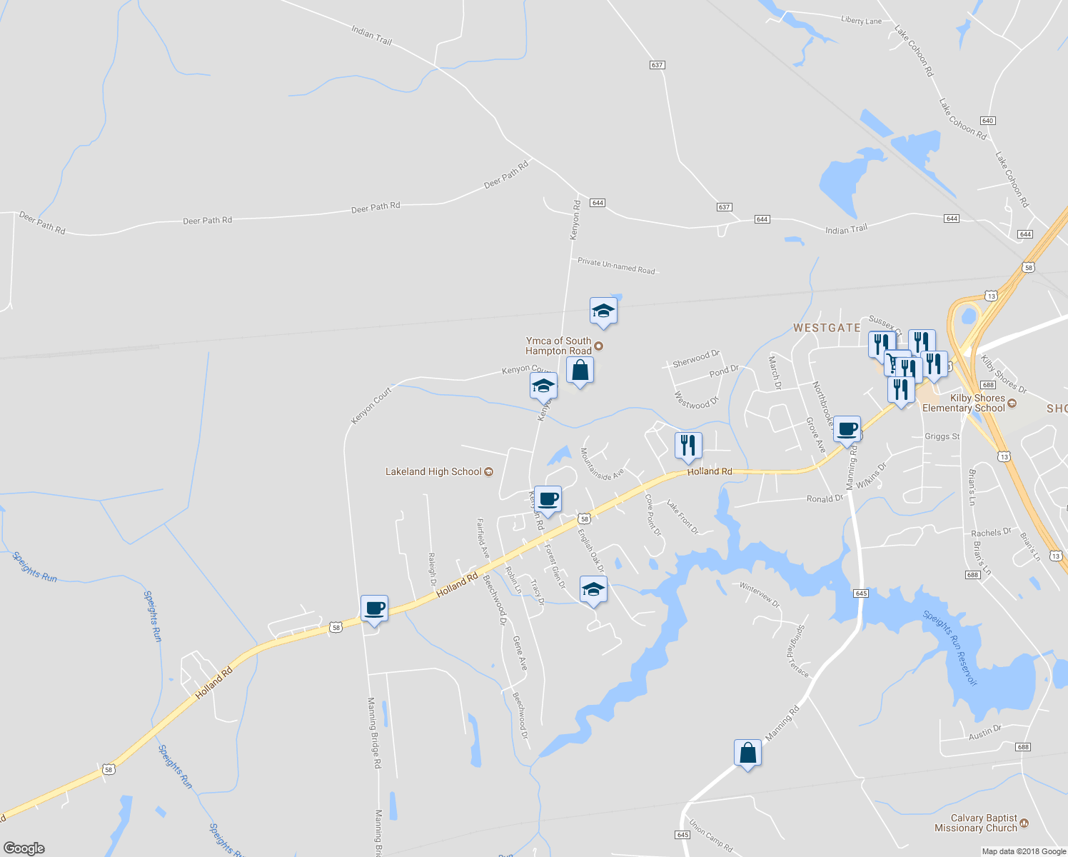 map of restaurants, bars, coffee shops, grocery stores, and more near 236 Kenyon Road in Suffolk