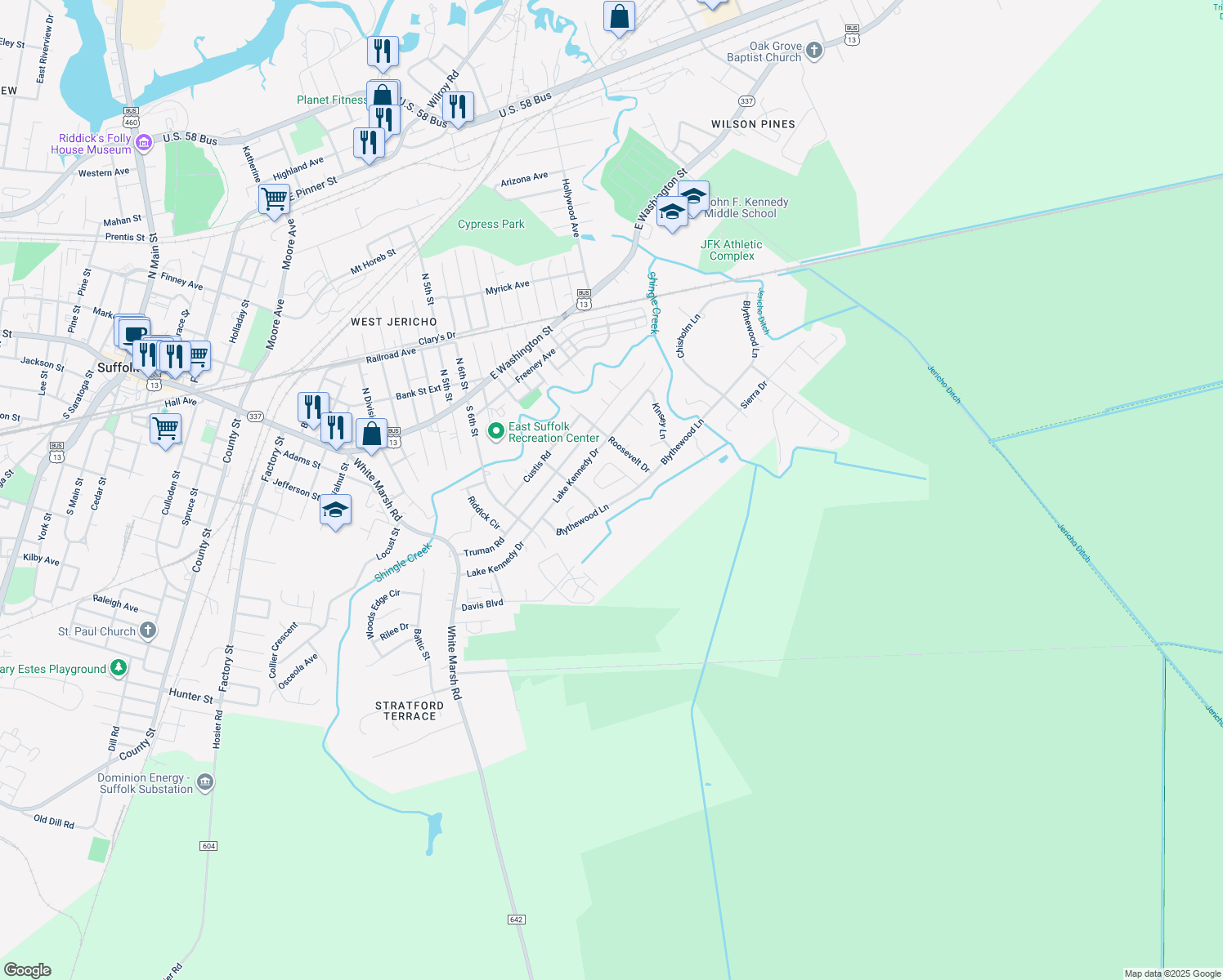 map of restaurants, bars, coffee shops, grocery stores, and more near 669 Adkins Circle in Suffolk