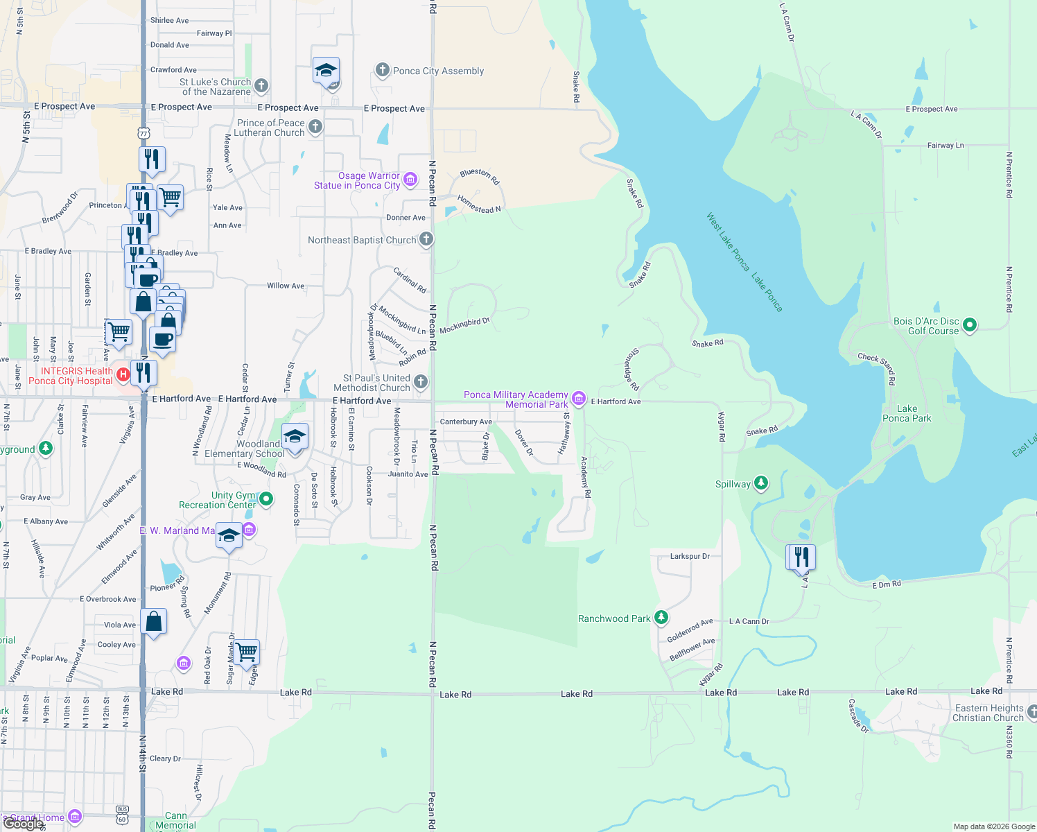 map of restaurants, bars, coffee shops, grocery stores, and more near 2901 Canterbury Ave in Ponca City