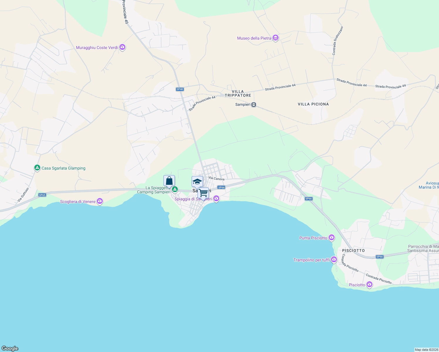 map of restaurants, bars, coffee shops, grocery stores, and more near 51 Via Palma di Maiorca in Sampieri