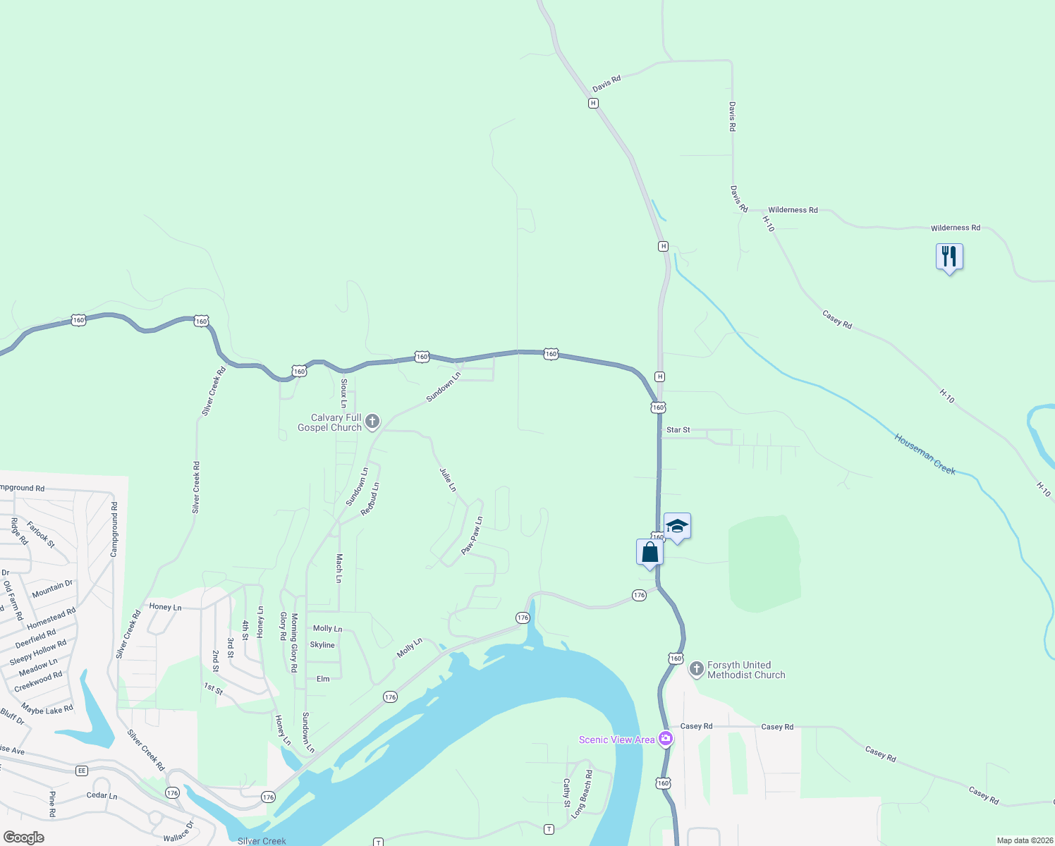map of restaurants, bars, coffee shops, grocery stores, and more near 235 Kastl Road in Forsyth