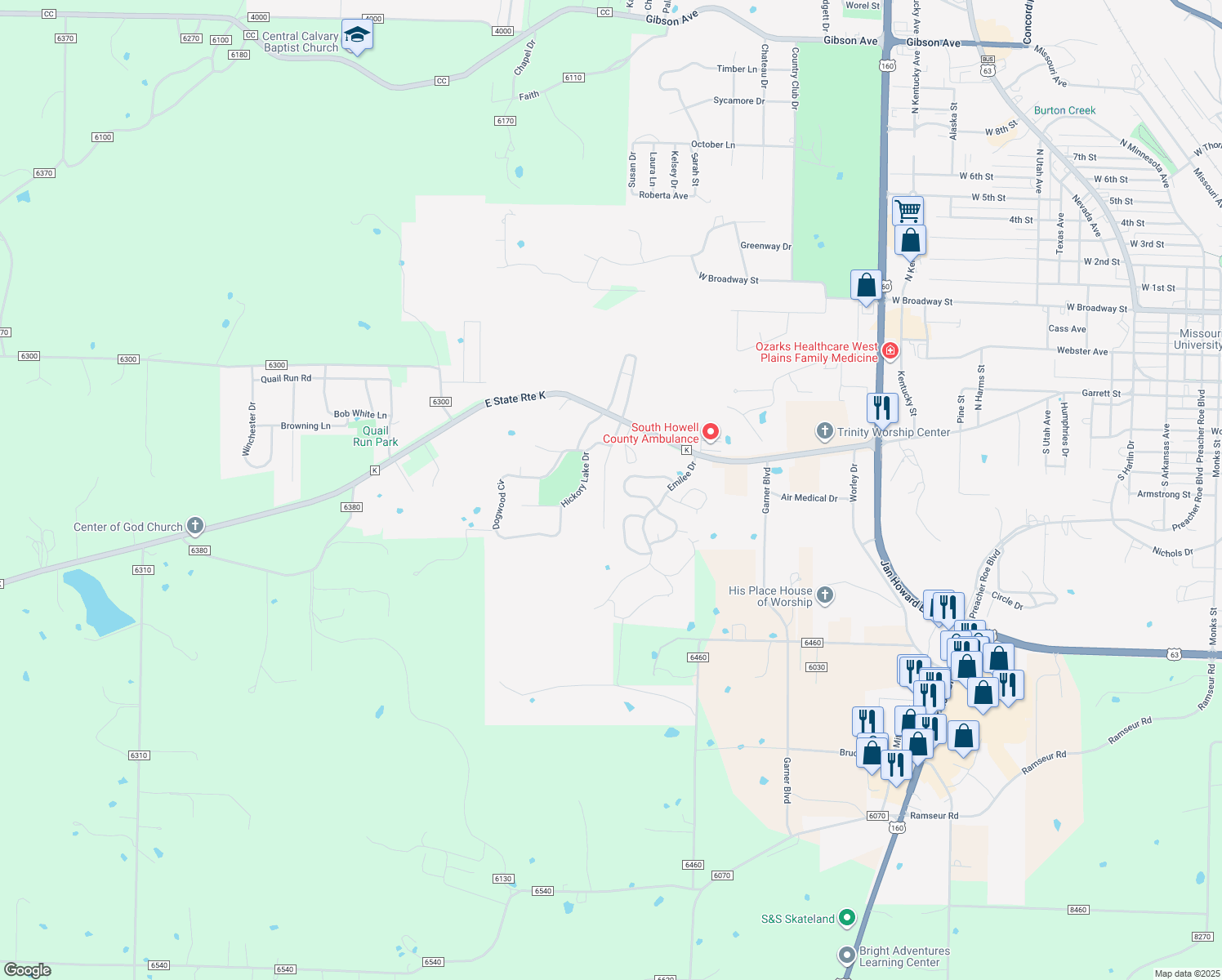 map of restaurants, bars, coffee shops, grocery stores, and more near 712 East Pamela Drive in West Plains