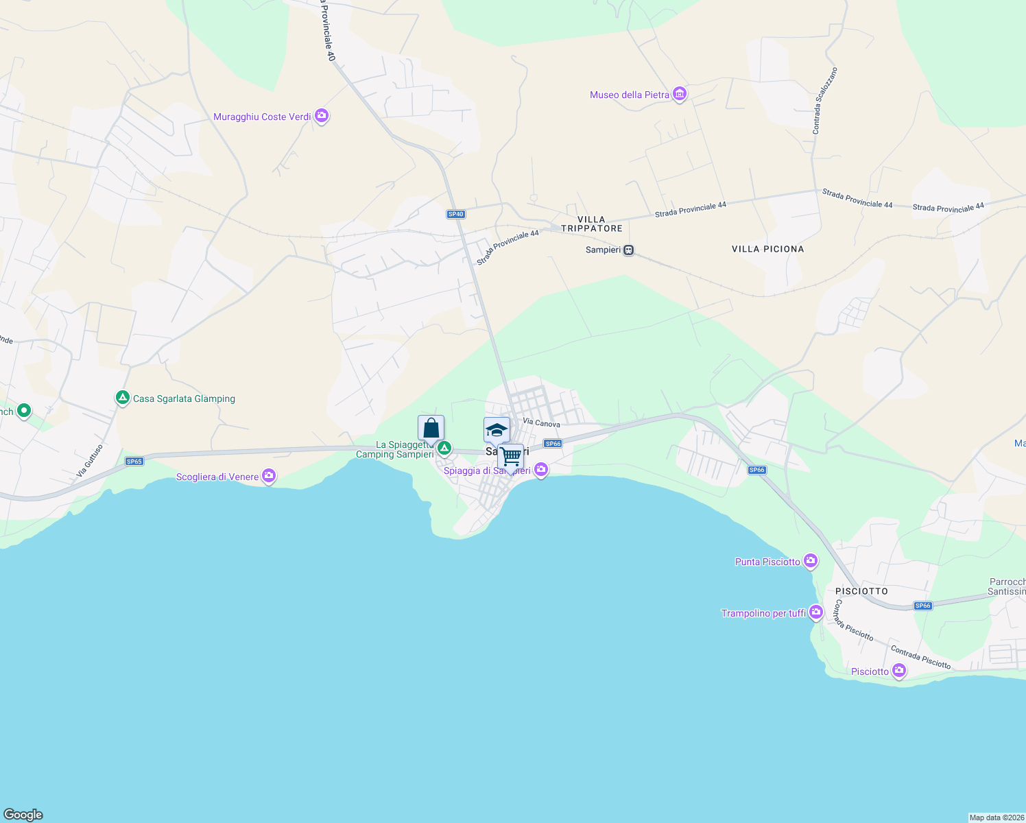 map of restaurants, bars, coffee shops, grocery stores, and more near 51 Via Palma di Maiorca in Sampieri