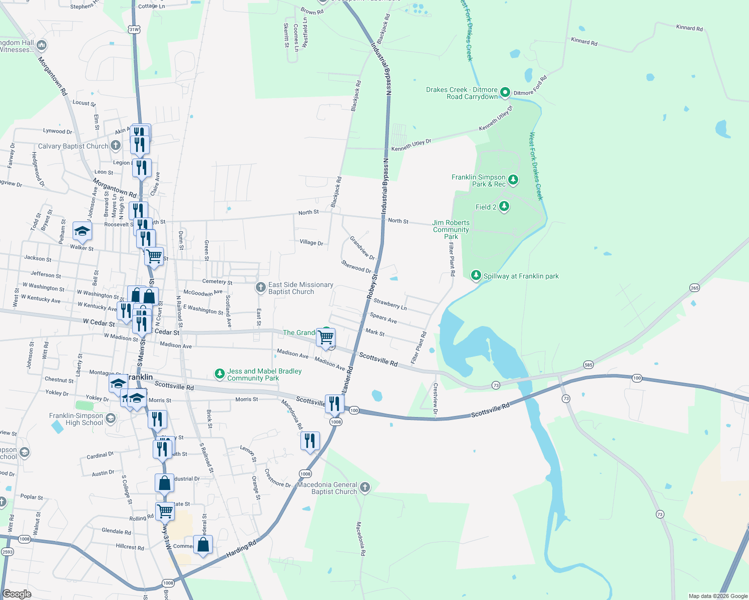 map of restaurants, bars, coffee shops, grocery stores, and more near 834 Strawberry Lane in Franklin